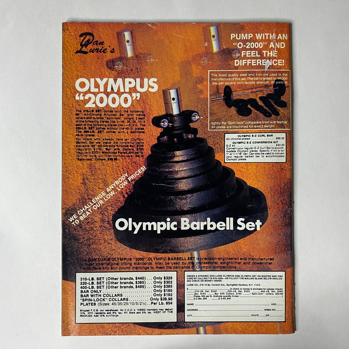 Back cover of Muscle Training Illustrated May 1988 promoting the Olympus '2000' weight set. The magazine emphasizes equipment for muscle training enthusiasts.