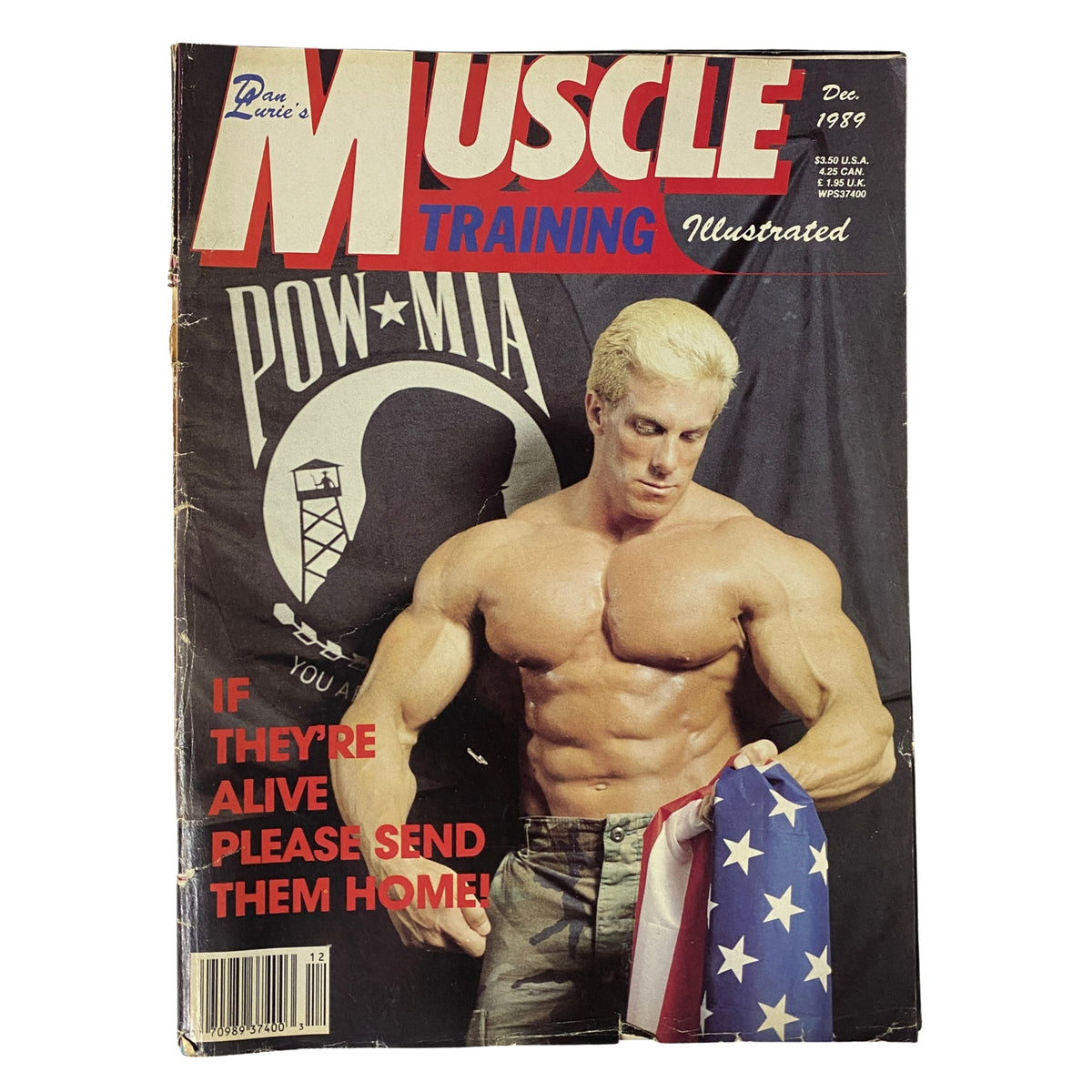 Cover of Muscle Training Illustrated December 1989 No. 155 featuring Dean Caputo showcasing impressive physique with a muscular build, adorned with an American flag. This iconic issue highlights advanced bodybuilding techniques and insights from the late-1980s fitness era.