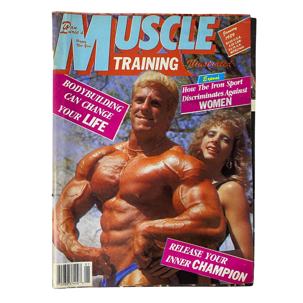 Cover of Muscle Training Illustrated January 1989 featuring Dean Caputo and Melissa Kosegi. The magazine highlights bodybuilding's impact on life and gender issues in sports.