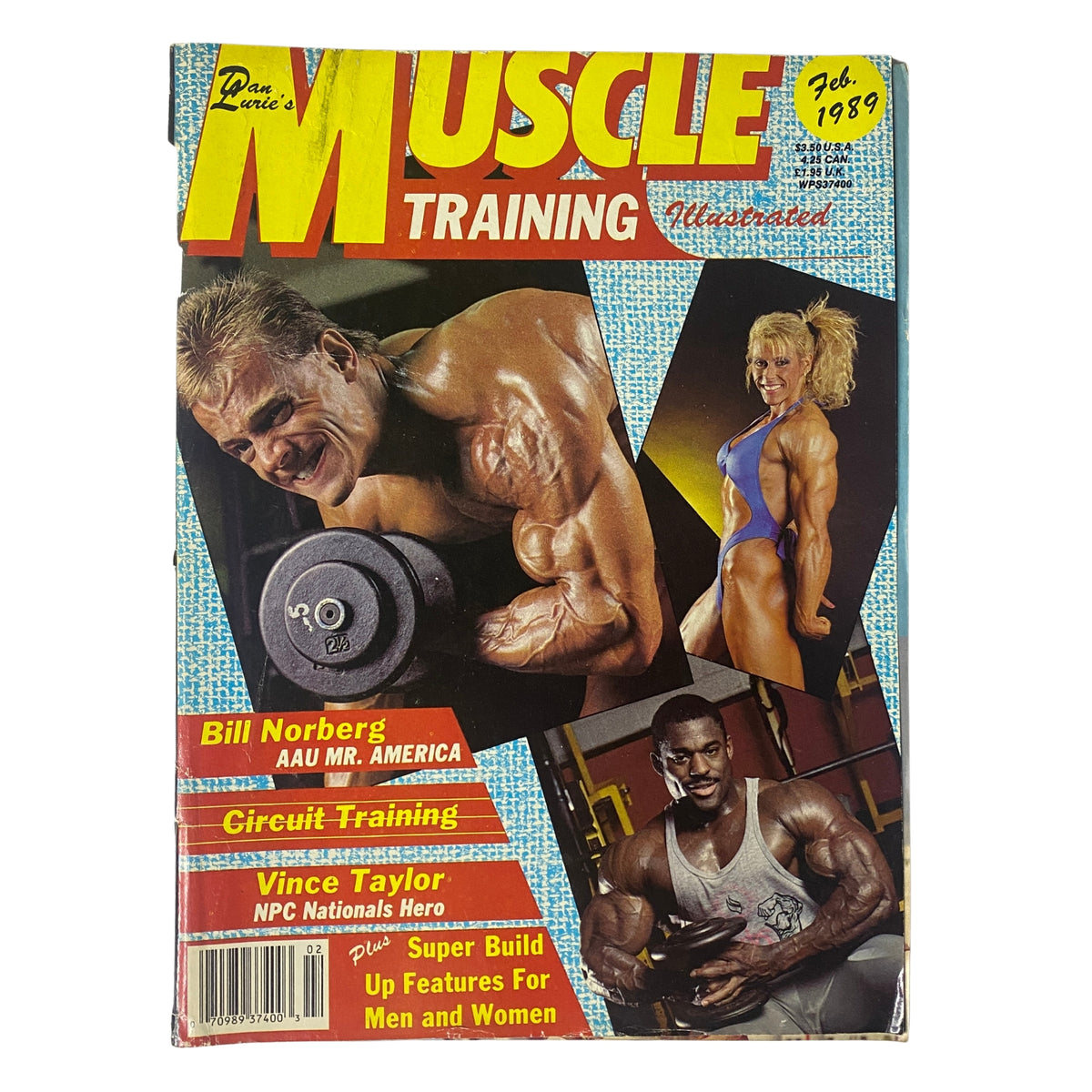 Cover of Muscle Training Illustrated February 1989 featuring Bill Norberg, Dorothy Herndon, and Vince Taylor showcasing the bodybuilding lifestyle with a vibrant design.
