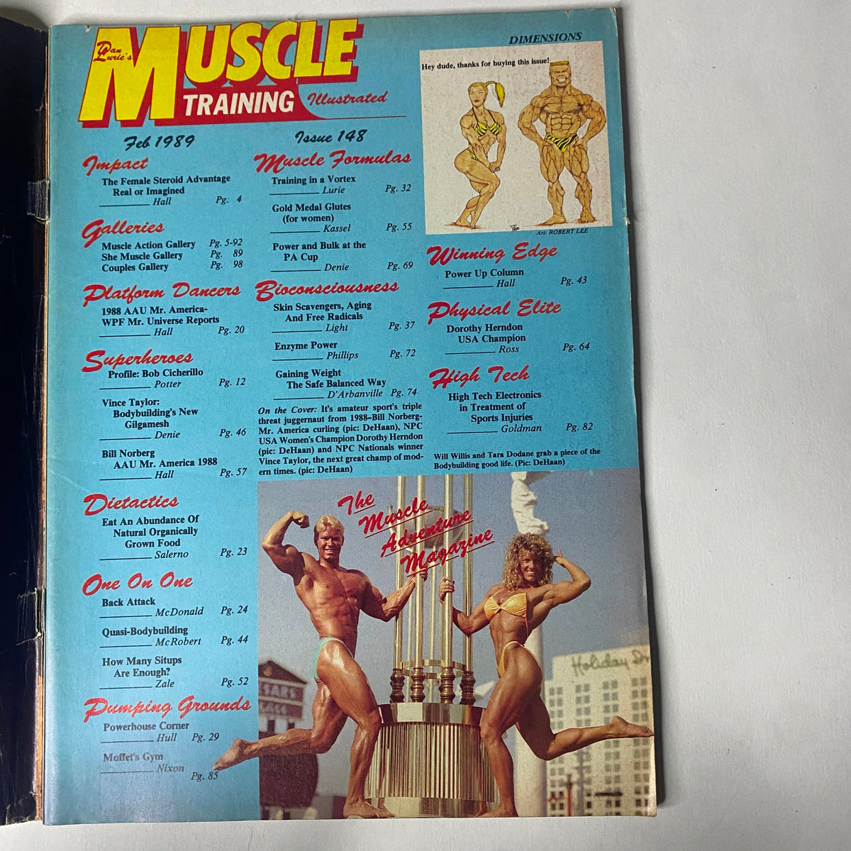 Table of contents from Muscle Training Illustrated February 1989 outlining various articles including injury treatment, dietetics, and bodybuilding profiles.