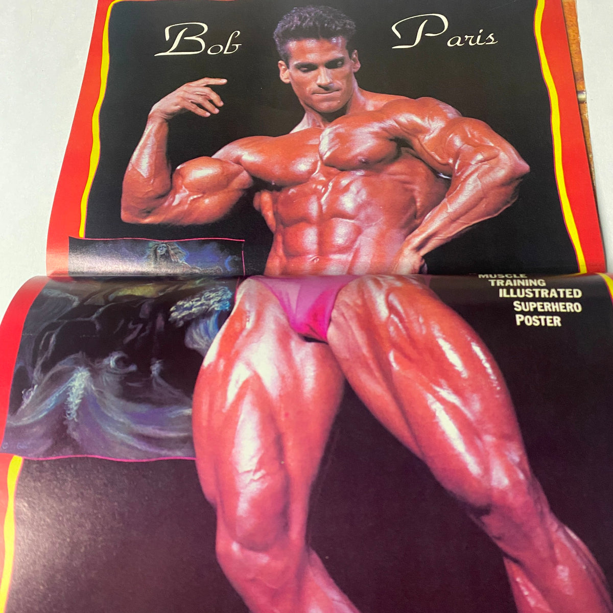 Centerfold poster of Bob Paris from Muscle Training Illustrated February 1989 displaying his impressive physique in a striking pose.