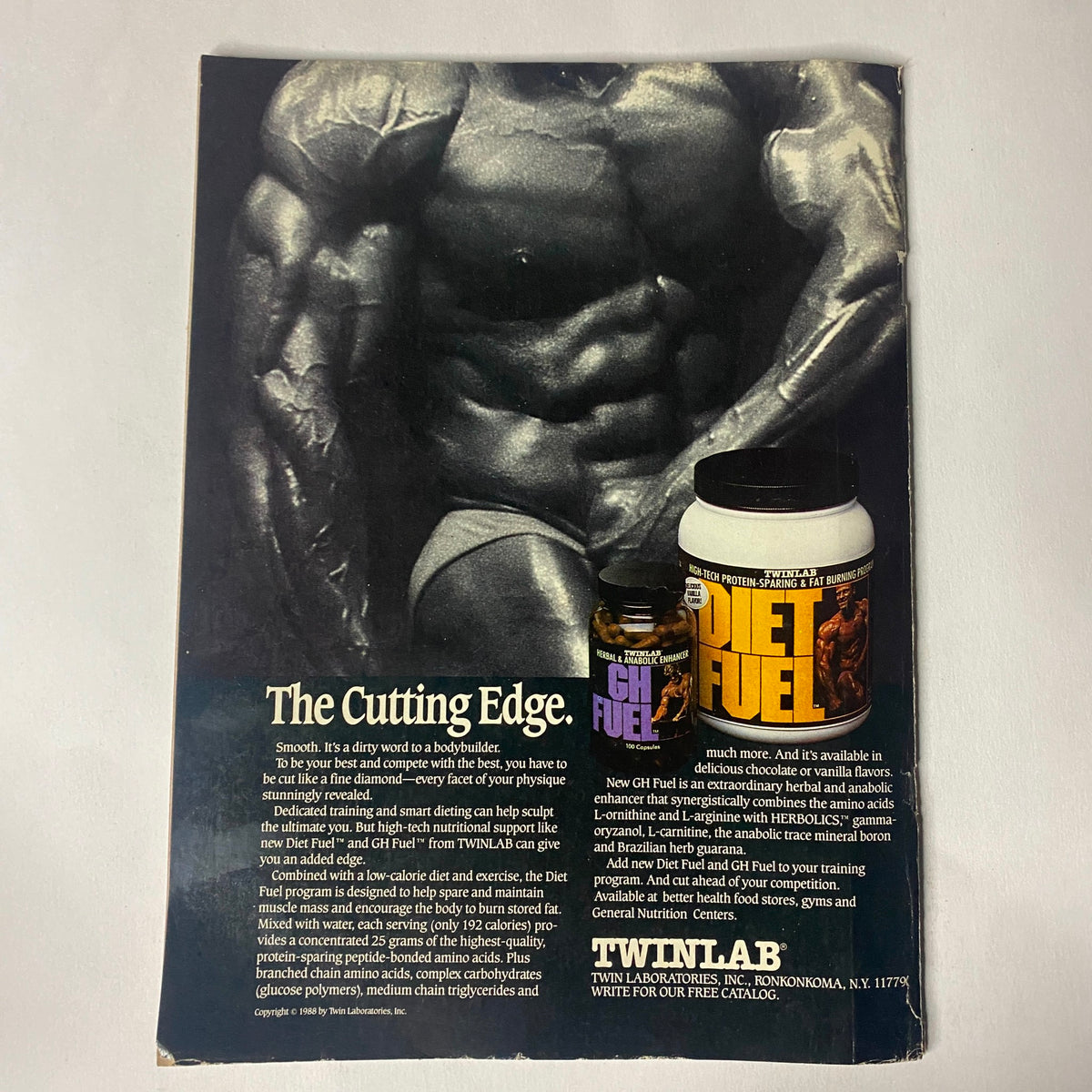 Advertisement from Muscle Training Illustrated February 1989 highlighting nutritional products from Twinlab, showcasing fitness supplements for bodybuilders.