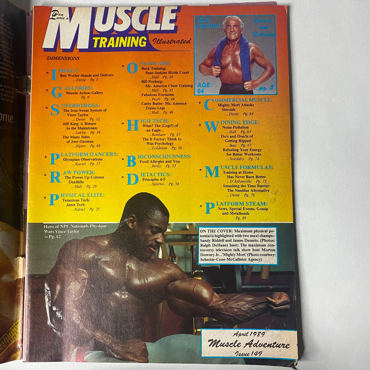 Muscle Training Illustrated April 1989 Table of Contents page highlighting various articles and topics related to bodybuilding and fitness.