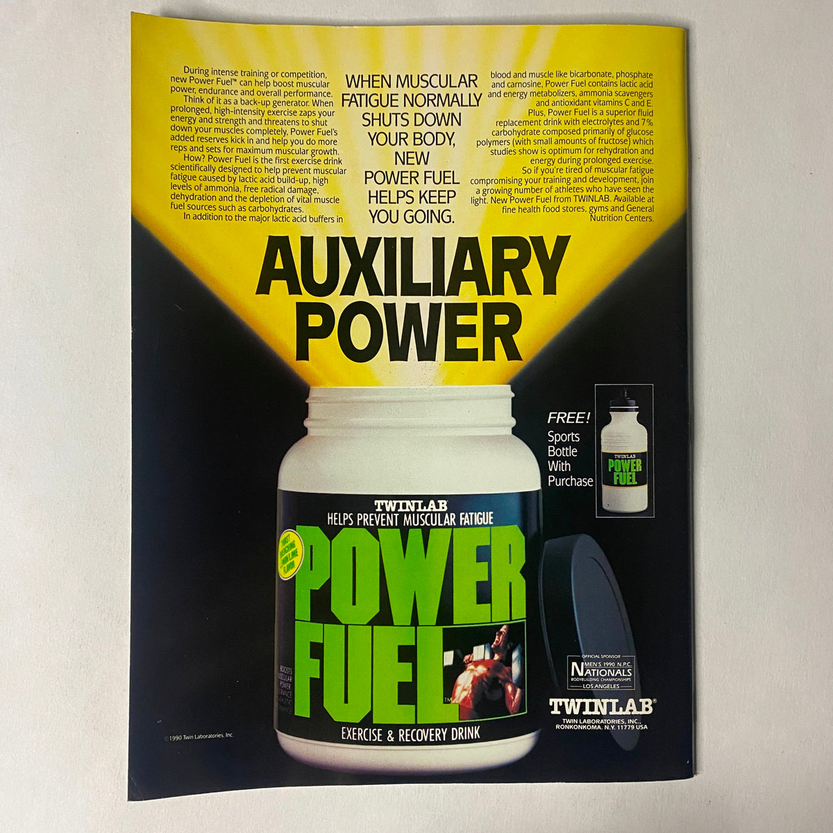 Muscle Training Illustrated June 1990 advertisement for Twinlab Power Fuel, highlighting exercise and recovery drink for muscle fatigue support.