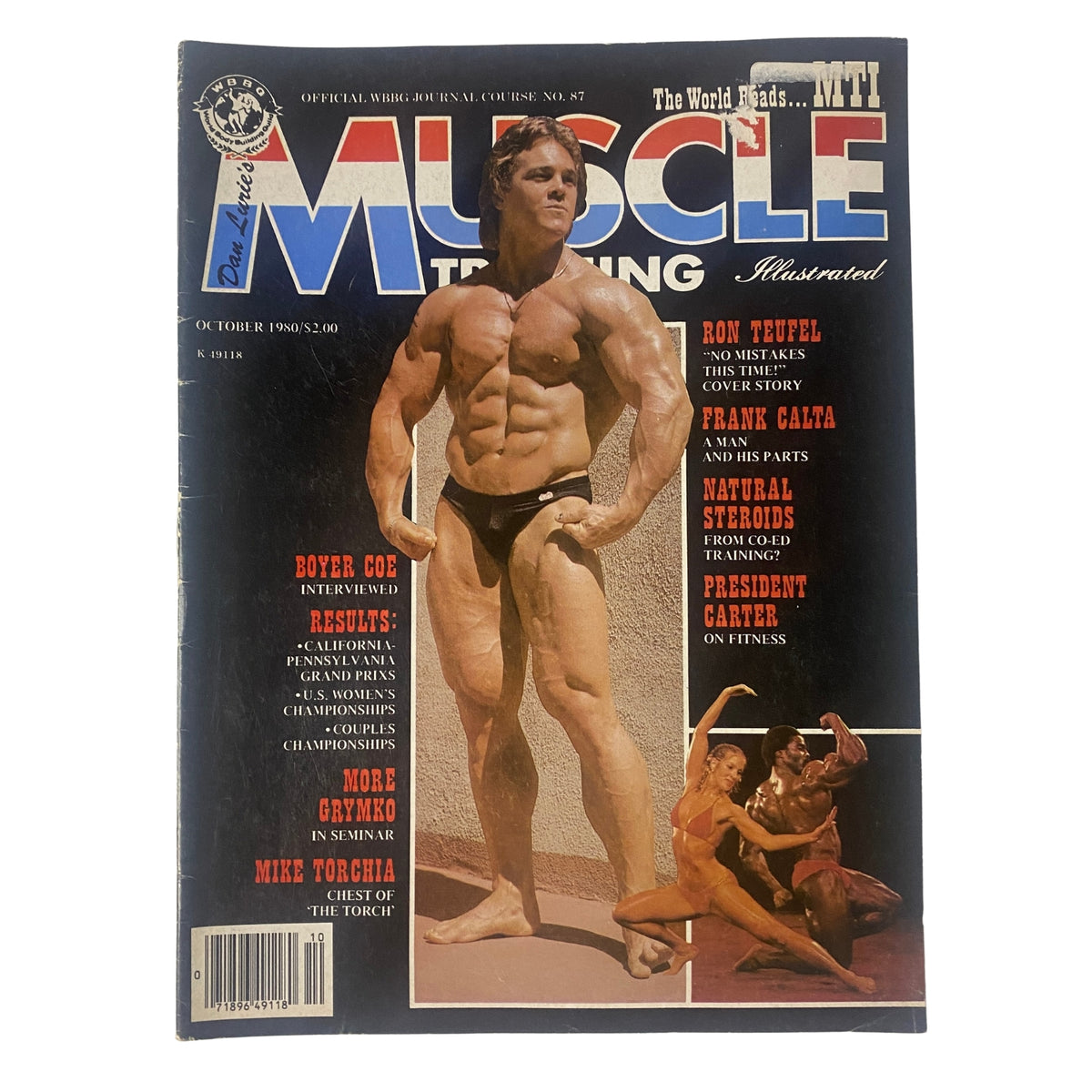 Cover of Muscle Training Illustrated, October 1980 featuring Ron Teufel showcasing his muscular physique, with headlines about bodybuilding topics and events.