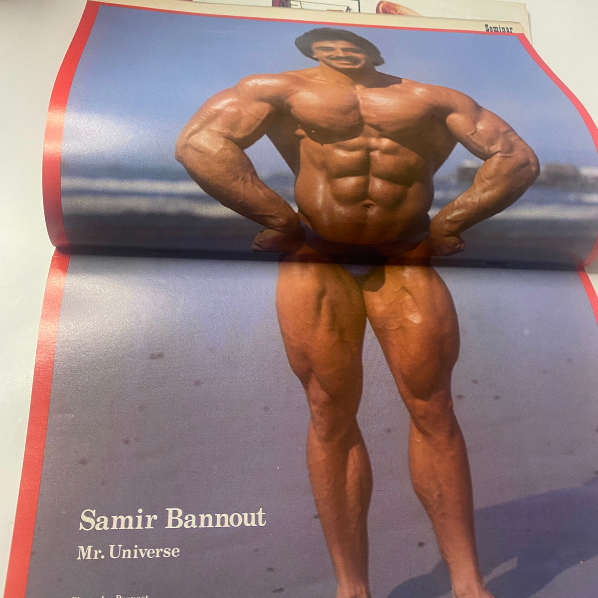 Centerfold from Muscle Training Illustrated, October 1980, featuring Samir Bannout, Mr. Universe, posing on a beach, showcasing his impressive physique.