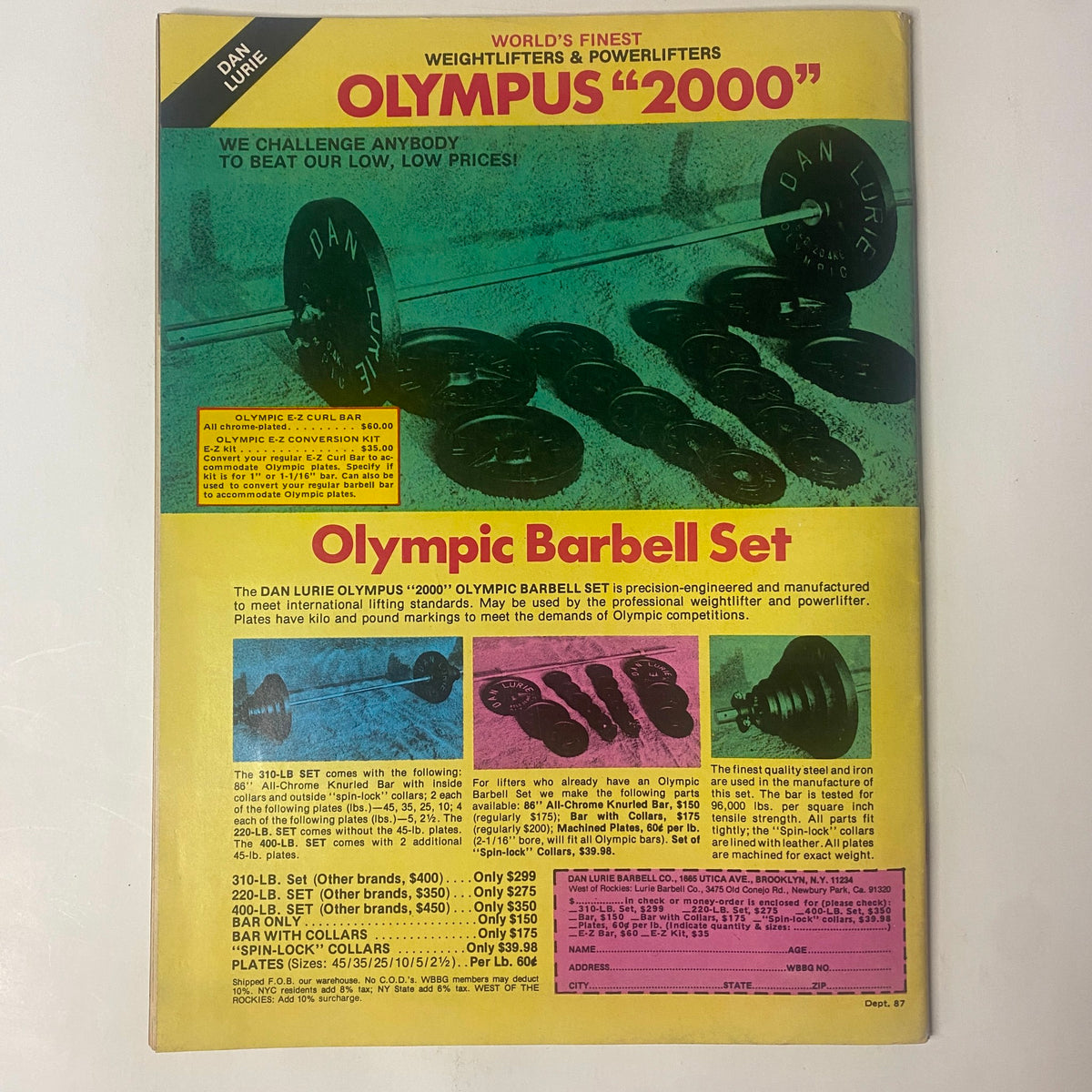 Olympic Barbell Set advertisement from Muscle Training Illustrated October 1980 featuring weightlifting equipment designed for serious athletes. Highlighted features include the Dan Lurie Olympic '2000' barbell set with pricing and details on various weight configurations.