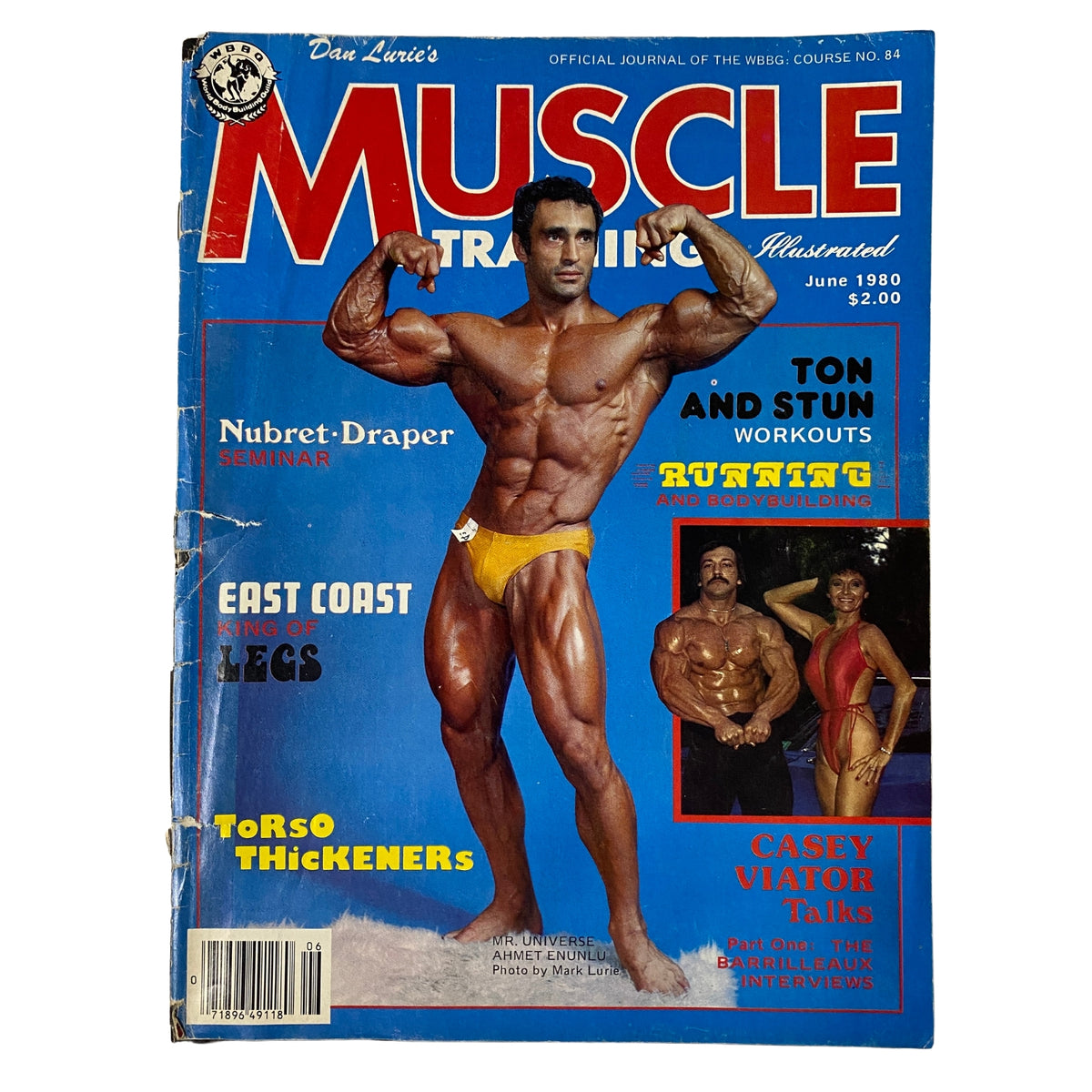 Cover of Muscle Training Illustrated June 1980 featuring bodybuilding champion Ahmet Enünlü in a posing stance, showcasing muscular physique, with the title and monthly highlights.