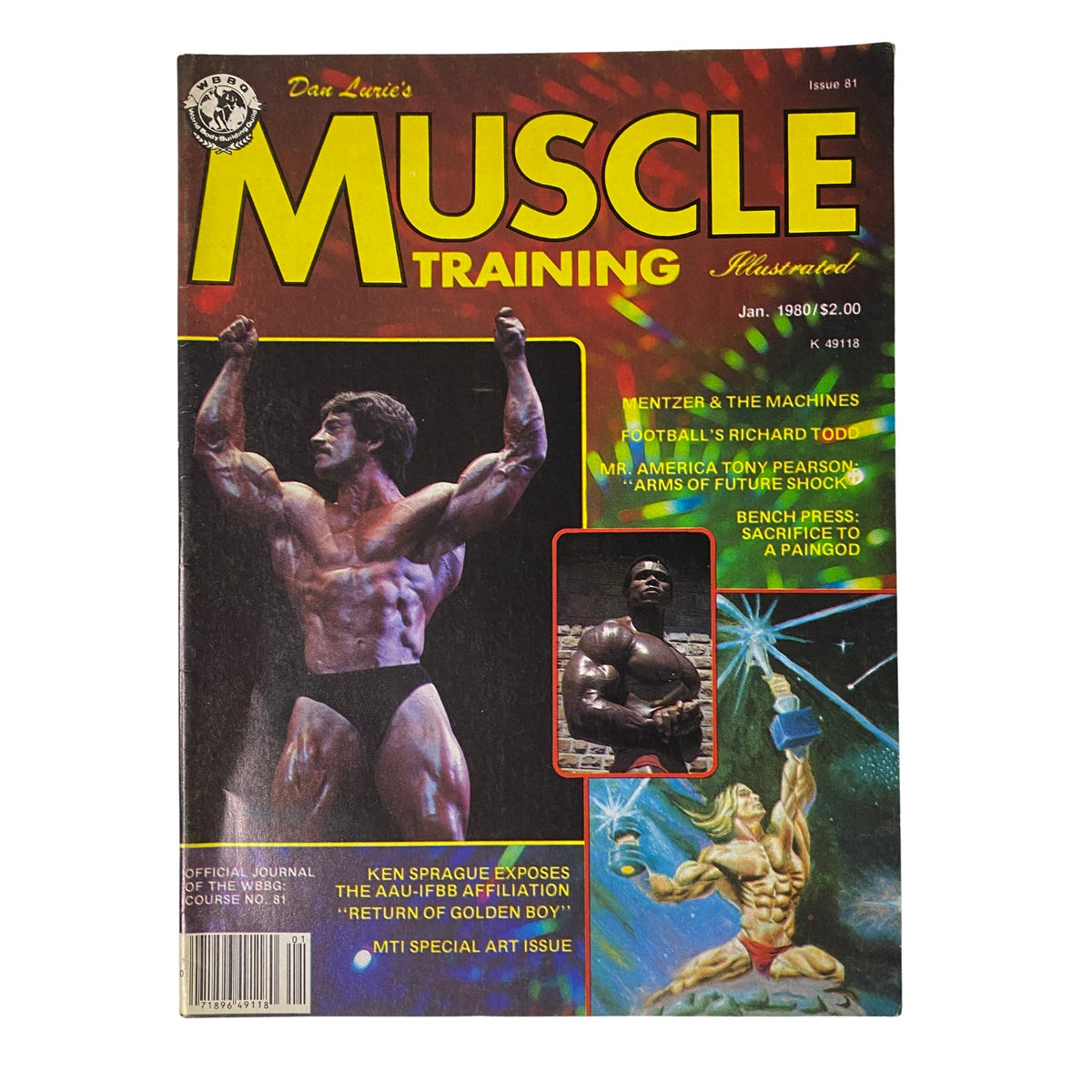 Cover of 'Muscle Training Illustrated' January 1980, featuring Mike Mentzer and a workout image of a bodybuilder. The magazine highlights key topics in bodybuilding and fitness culture.