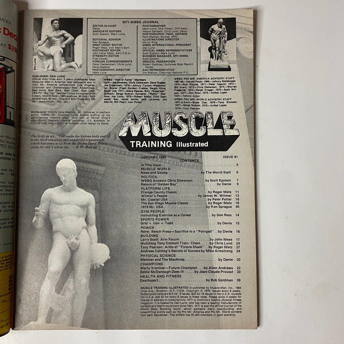 Muscle Training Illustrated January 1980 Issue No. 81 title page featuring contents and highlights of the magazine, including news and insight on bodybuilding.