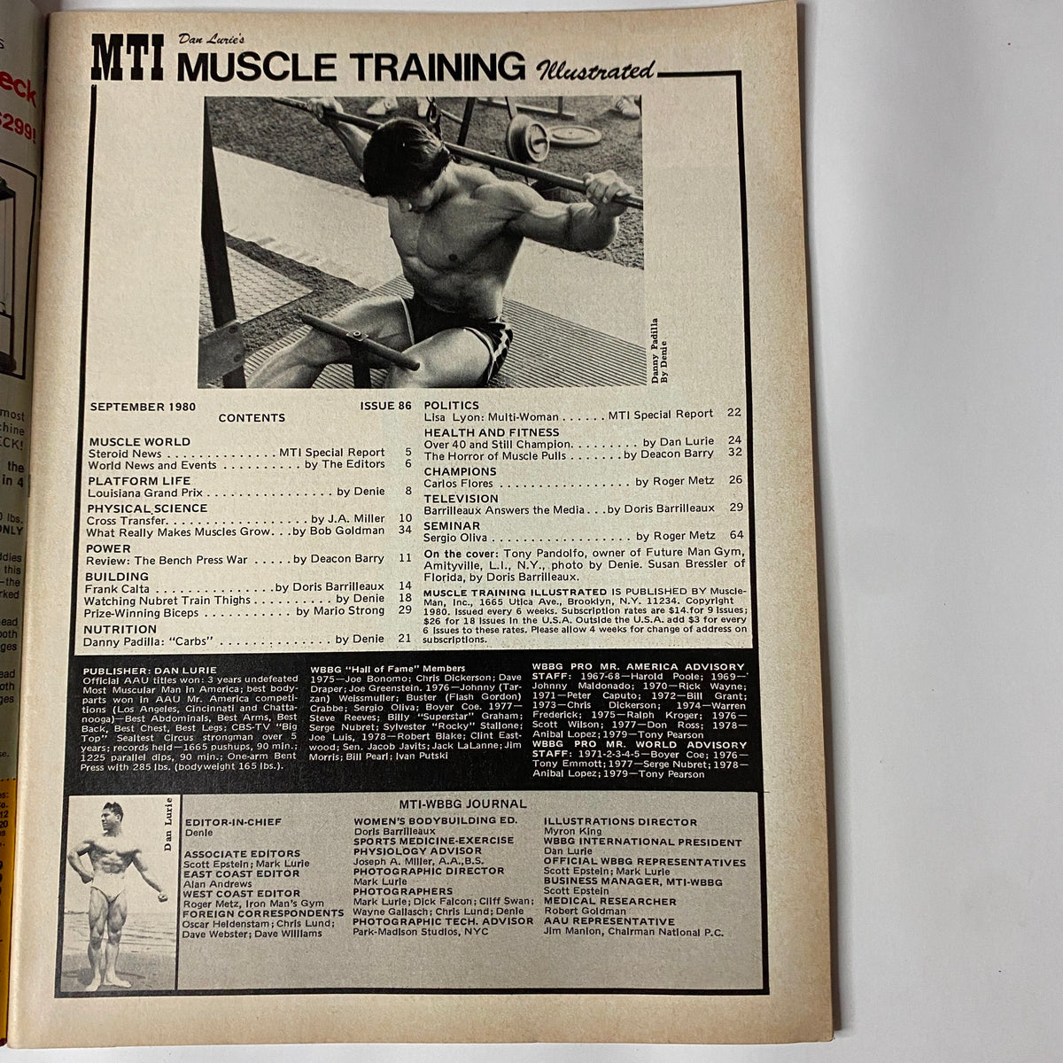 Contents page of Muscle Training Illustrated September 1980 featuring bodybuilding articles and a cover note.