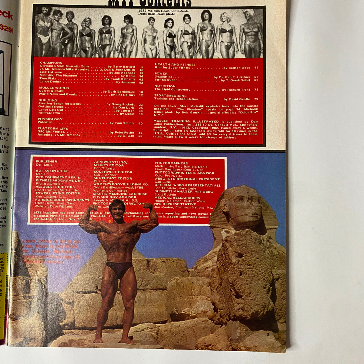 Inside page of Muscle Training Illustrated, December 1982, Issue No. 103 displaying the contents and a muscular Steve Michalik posing alongside a historical backdrop.