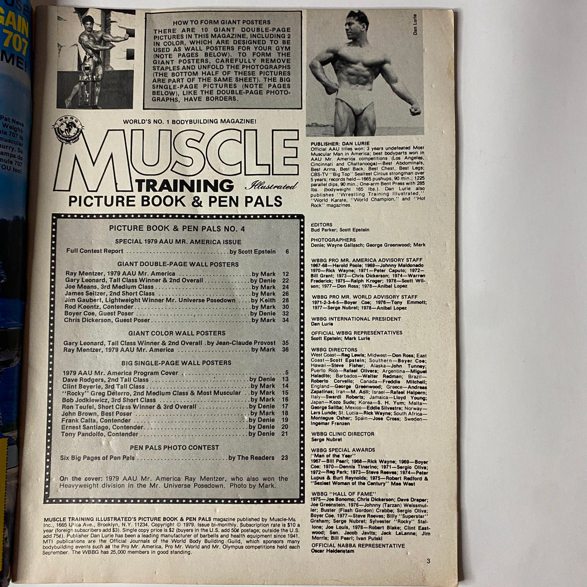 Table of contents page from Muscle Training Illustrated January 1980, detailing the special AAU Mr. America issue, including featured competitions and athlete highlights.