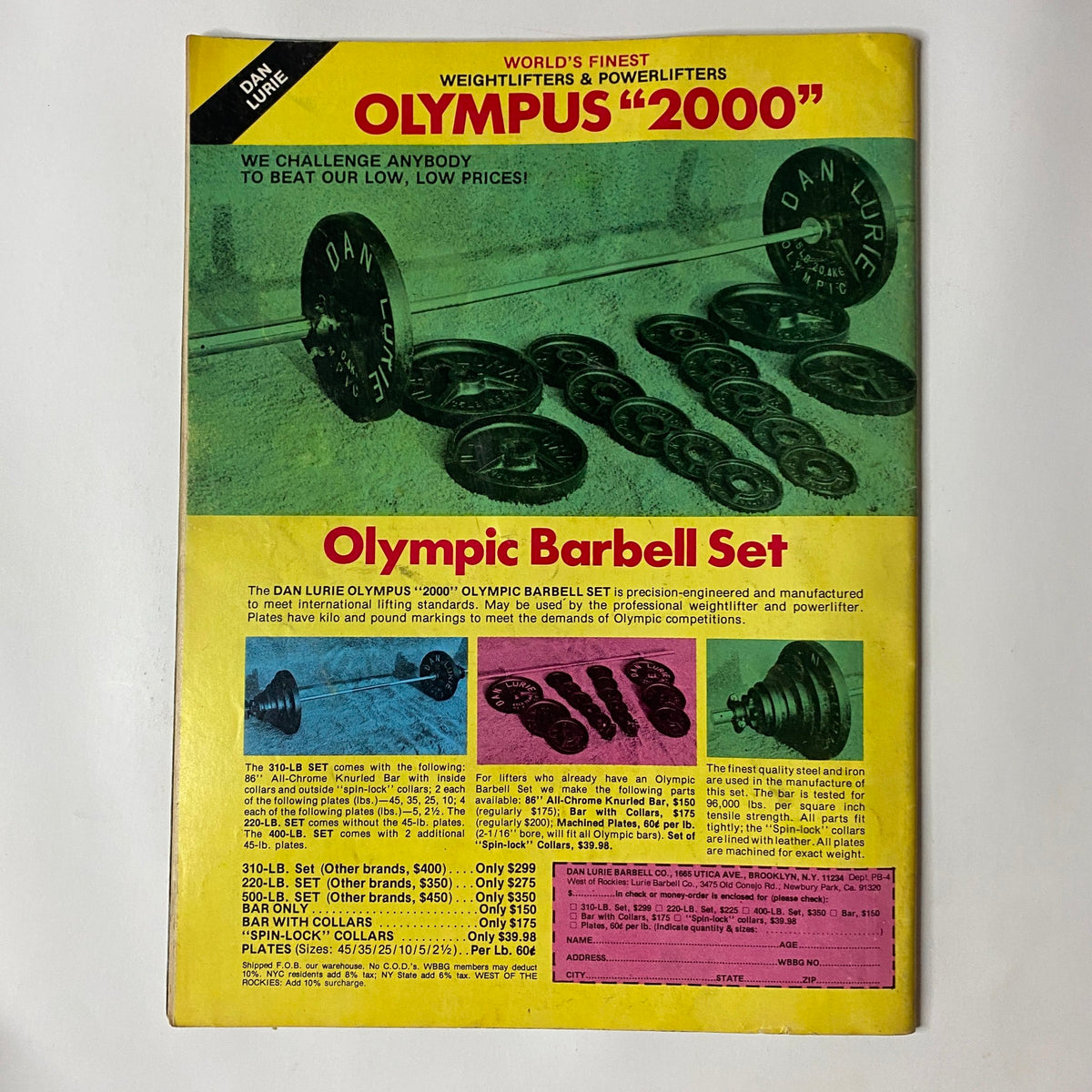 Back cover of Muscle Training Illustrated January 1980 featuring an advertisement for Olympic Barbell Set, promoting equipment for weightlifting enthusiasts.