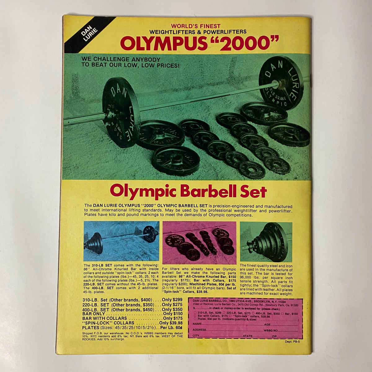 Back cover of Muscle Training Illustrated Picture Book March 1980 featuring an advertisement for Dan Lurie's Olympus 2000 Olympic barbell set.