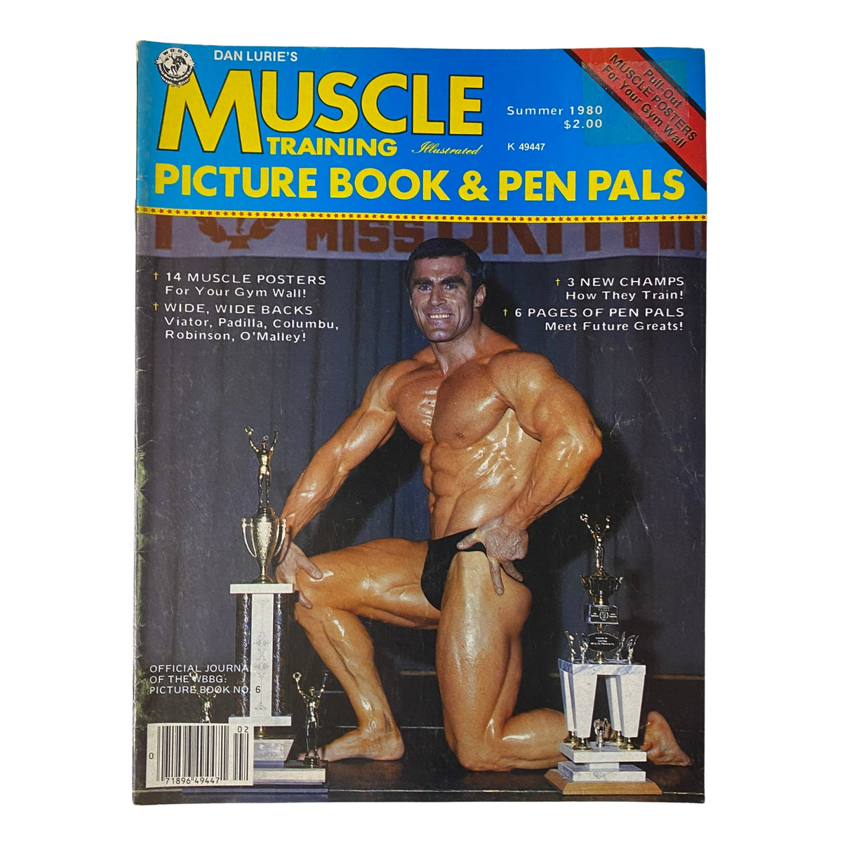 Muscle Training Illustrated Picture Book & Pen Pals Summer 1980 featuring a bodybuilder, Terry Phillips, posing with trophies on the cover. This vintage magazine showcases 14 muscle posters and includes highlights from bodybuilding competitions.