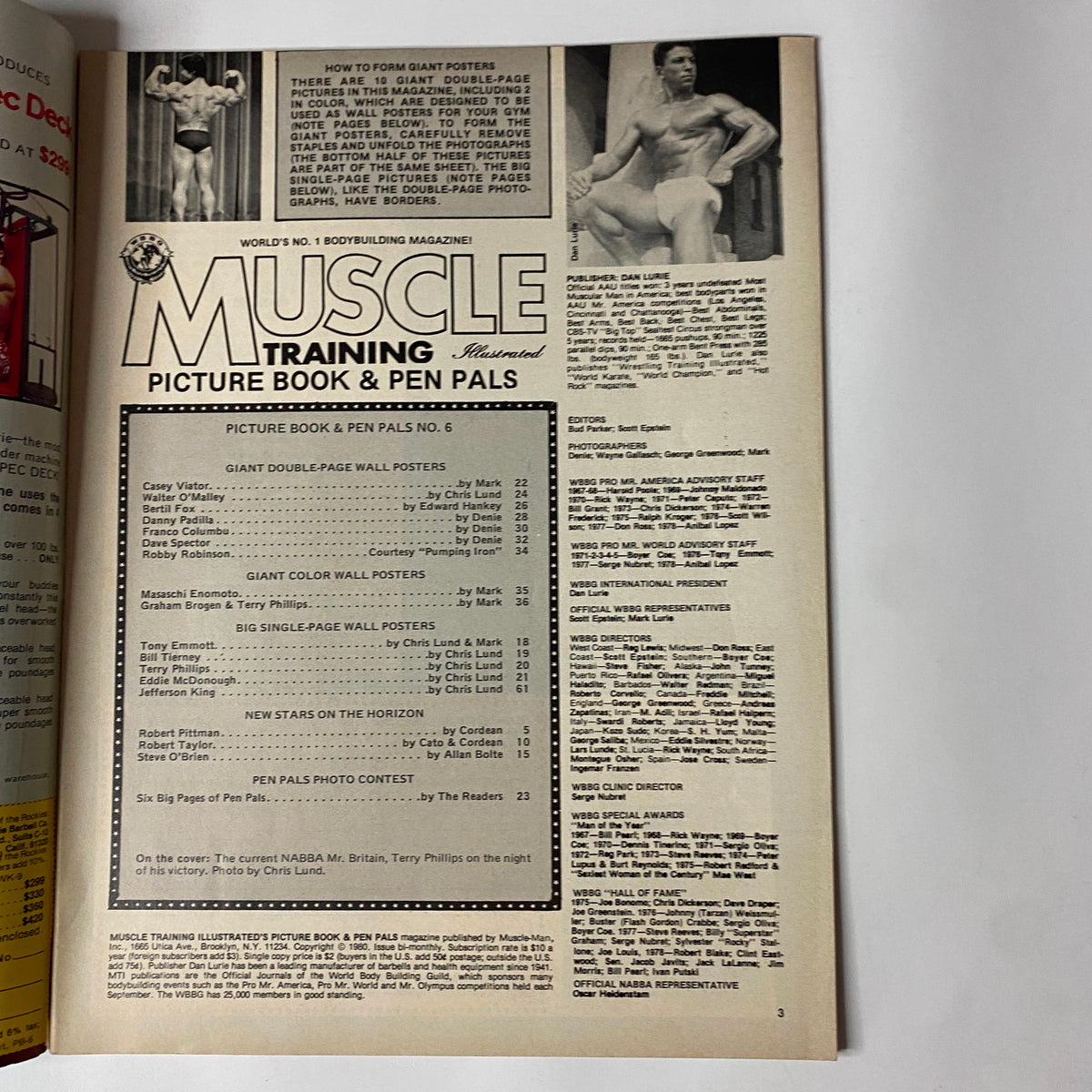 Muscle Training Illustrated Picture Book & Pen Pals Summer 1980 page featuring the table of contents with bodybuilding highlights and featured athletes.