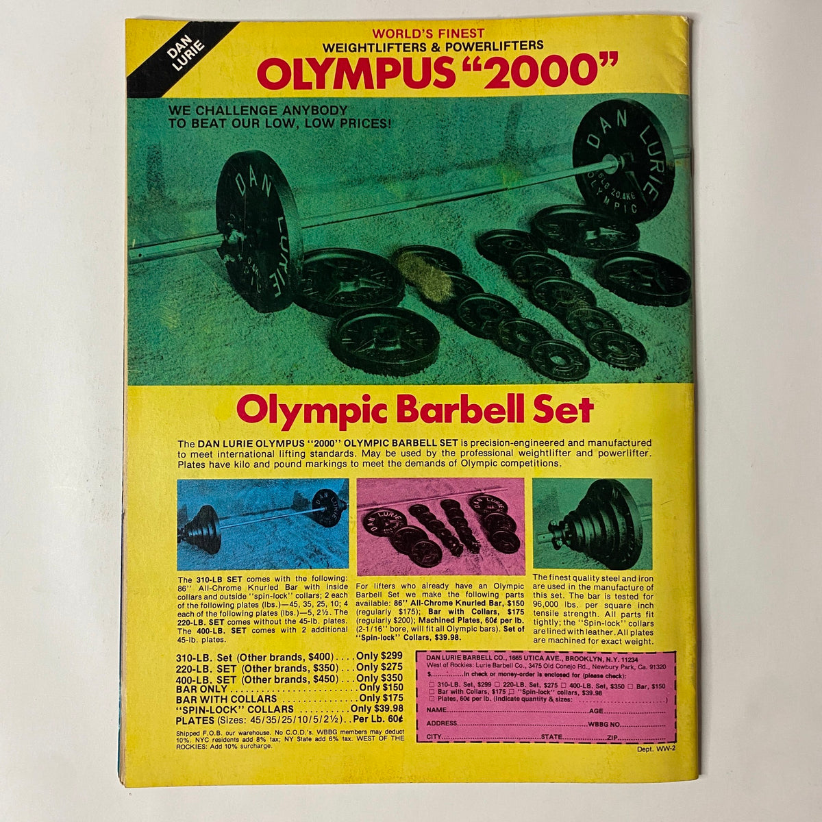 Summer 1980 issue of Muscle Training Illustrated featuring an advertisement for the Olympus '2000' Olympic Barbell Set, showcasing weights and equipment with a vibrant yellow background.