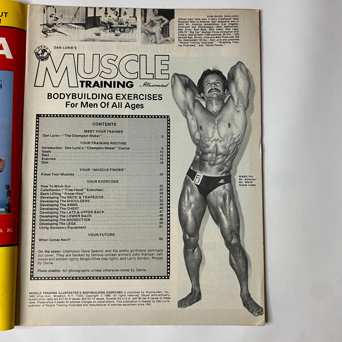 Inside page of 'Muscle Training Illustrated Spring 1980' introducing Dan Lurie and the contents related to bodybuilding exercises for men.