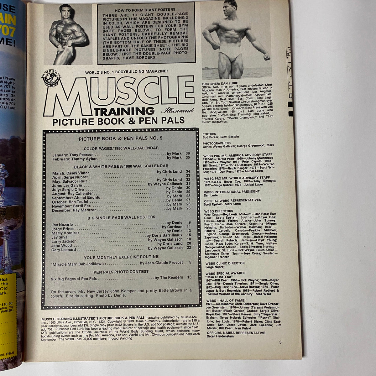 Interior page from Muscle Training Illustrated Picture Book & Pen Pals, March 1980, showcasing the table of contents and features of No. 5.