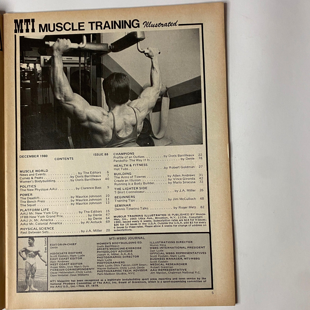 Interior page of Muscle Training Illustrated December 1980, Issue No. 88, displaying the Table of Contents highlighting articles on bodybuilding techniques, profiles, and training tips.