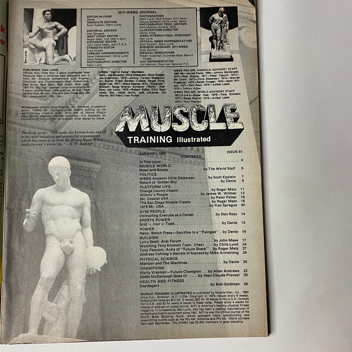 Inside page from Muscle Training Illustrated January 1980, Issue No. 81, featuring the editorial staff and table of contents highlighting key bodybuilding articles.