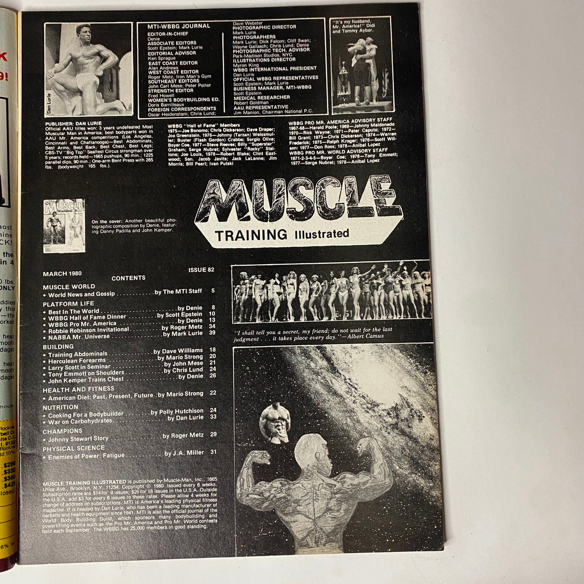 Inside page of Muscle Training Illustrated March 1980 displaying the table of contents, highlighting bodybuilding articles and features from renowned competitors.