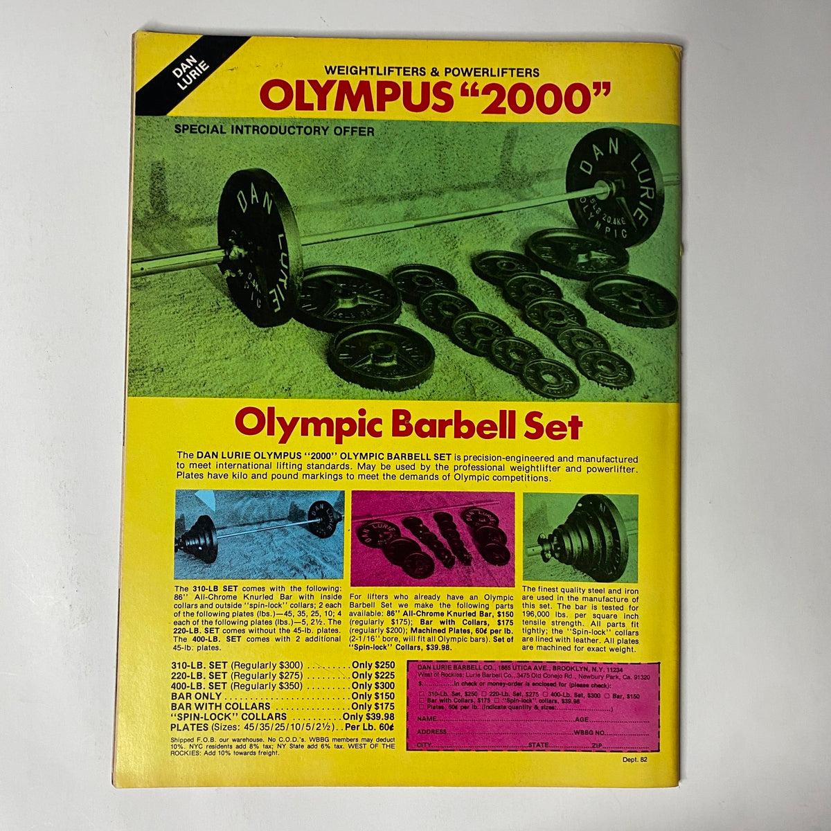 Olympic Barbell Set advertisement from Muscle Training Illustrated, May 1981 issue featuring weightlifting equipment for bodybuilders, promoting the Dan Lurie Olympus '2000' series.