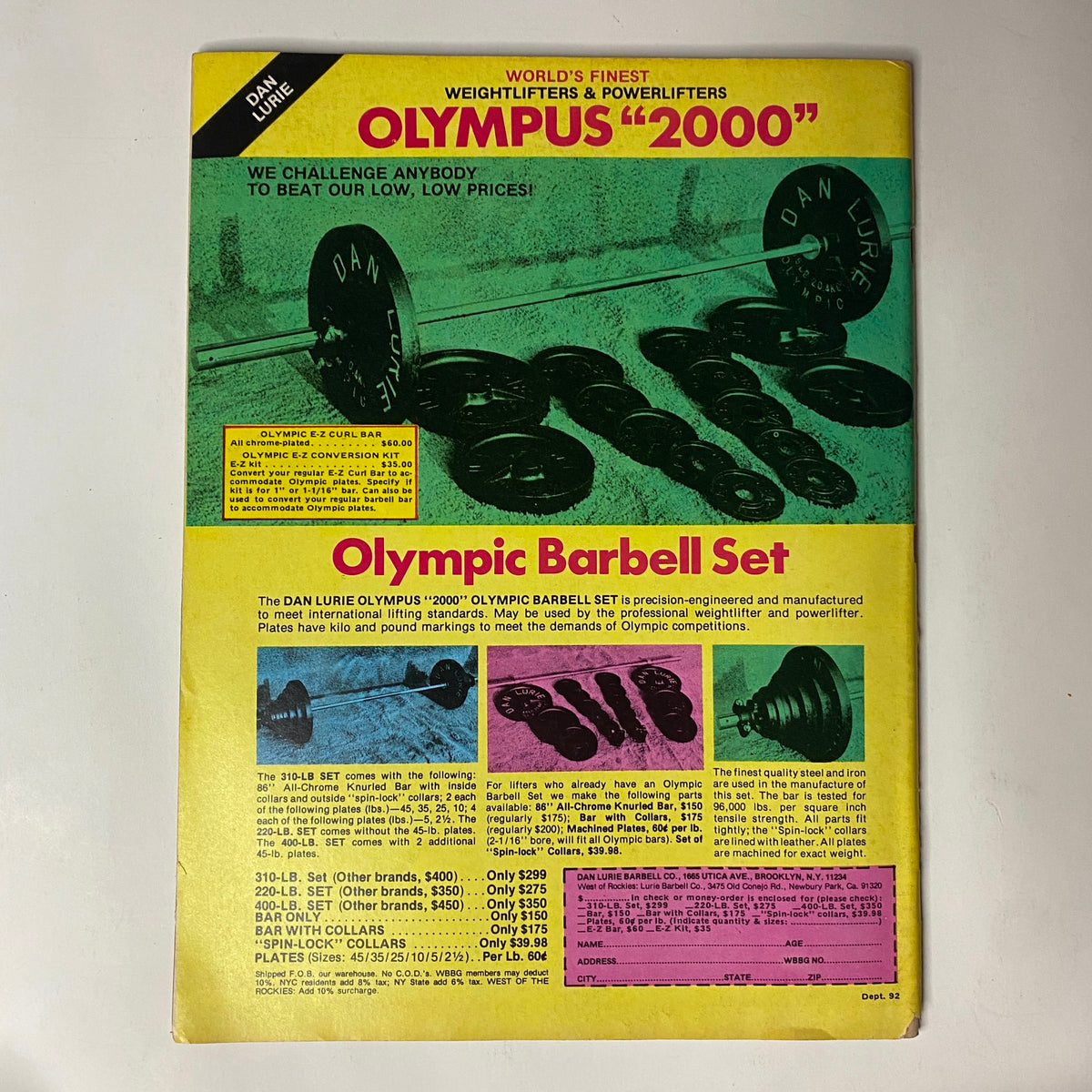 Advertisement page from Muscle Training Illustrated May 1981 promoting the Olympus 2000 Olympic Barbell Set with pricing information.