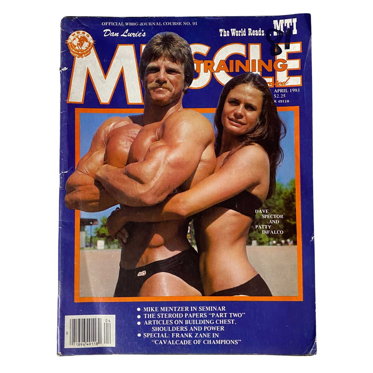 Cover of Muscle Training Illustrated April 1981 featuring Dave Spector and Patty DiFalco posing together, showcasing bodybuilding culture and fitness trends of the era.