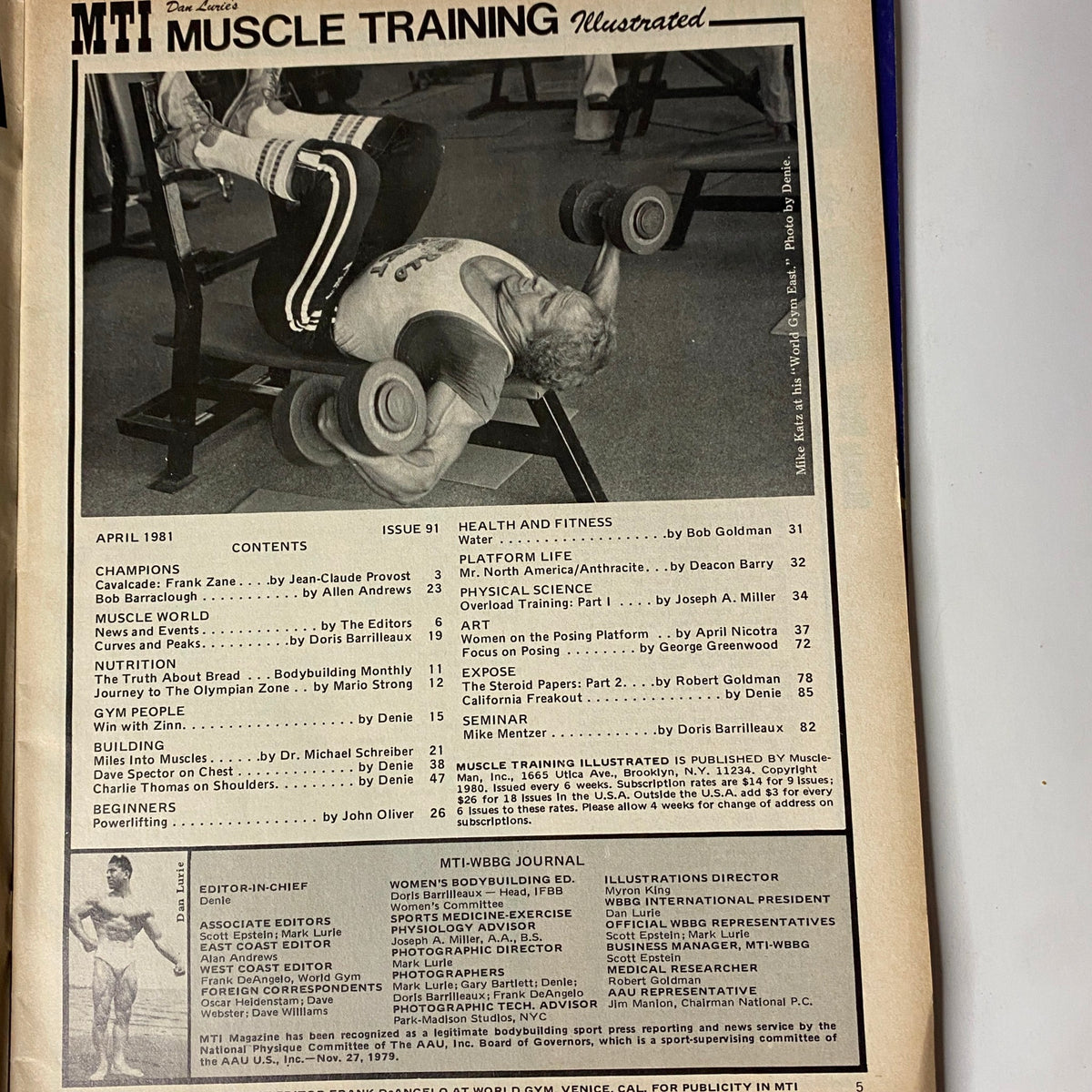 Inside page of Muscle Training Illustrated April 1981 displaying the table of contents, listing featured articles and topics including champions, health, and fitness.