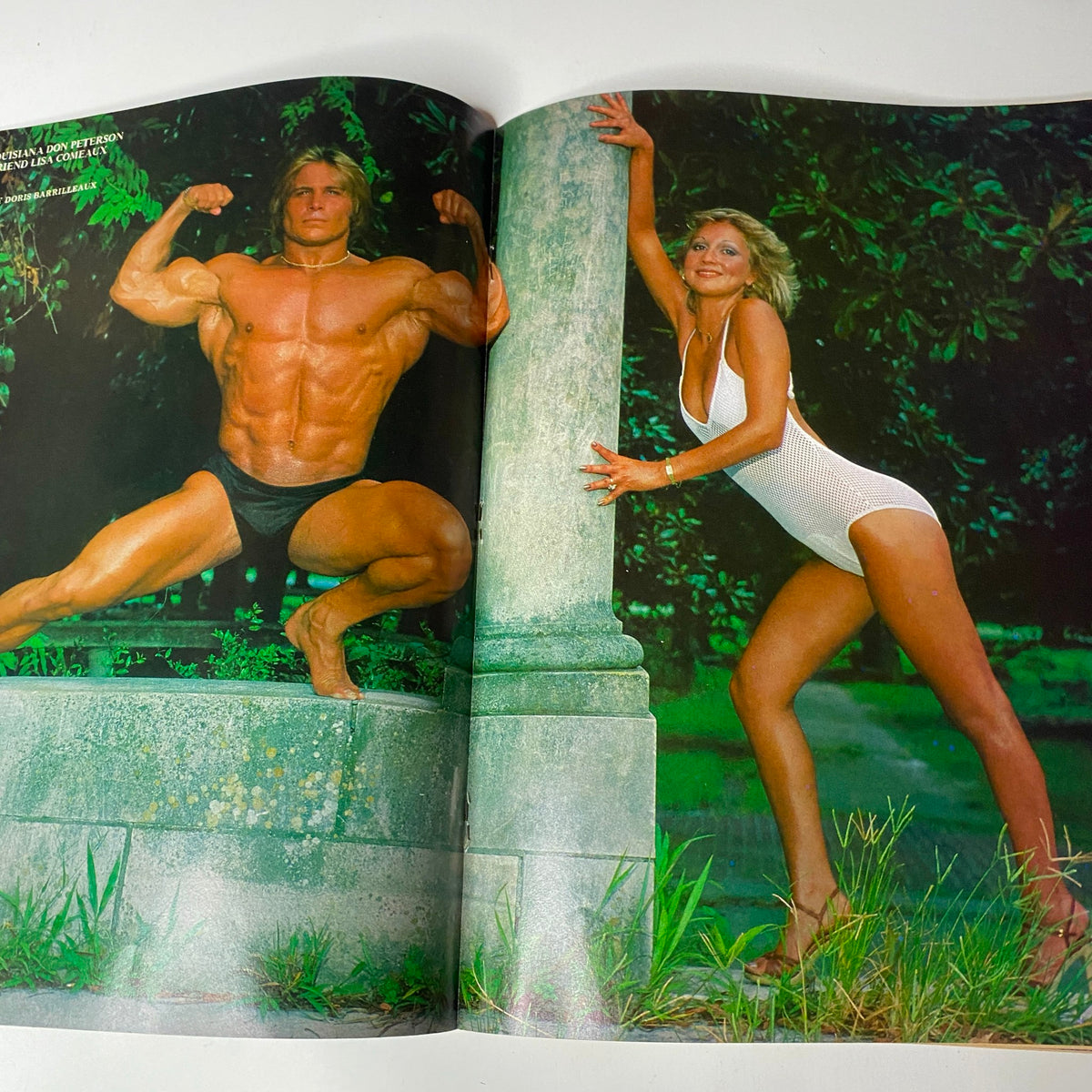 Centerfold spread from Muscle Training Illustrated April 1981 featuring a muscular male bodybuilder posing in a park alongside a female model, highlighting competitive bodybuilding aesthetics.