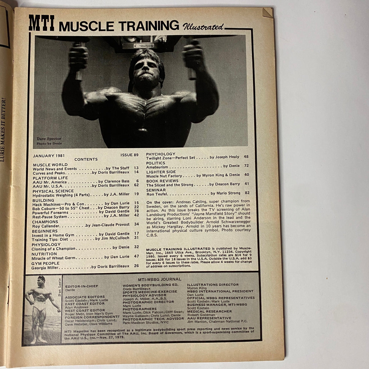 Table of contents from Muscle Training Illustrated, January 1981, including articles on bodybuilding, psychology, and nutrition.