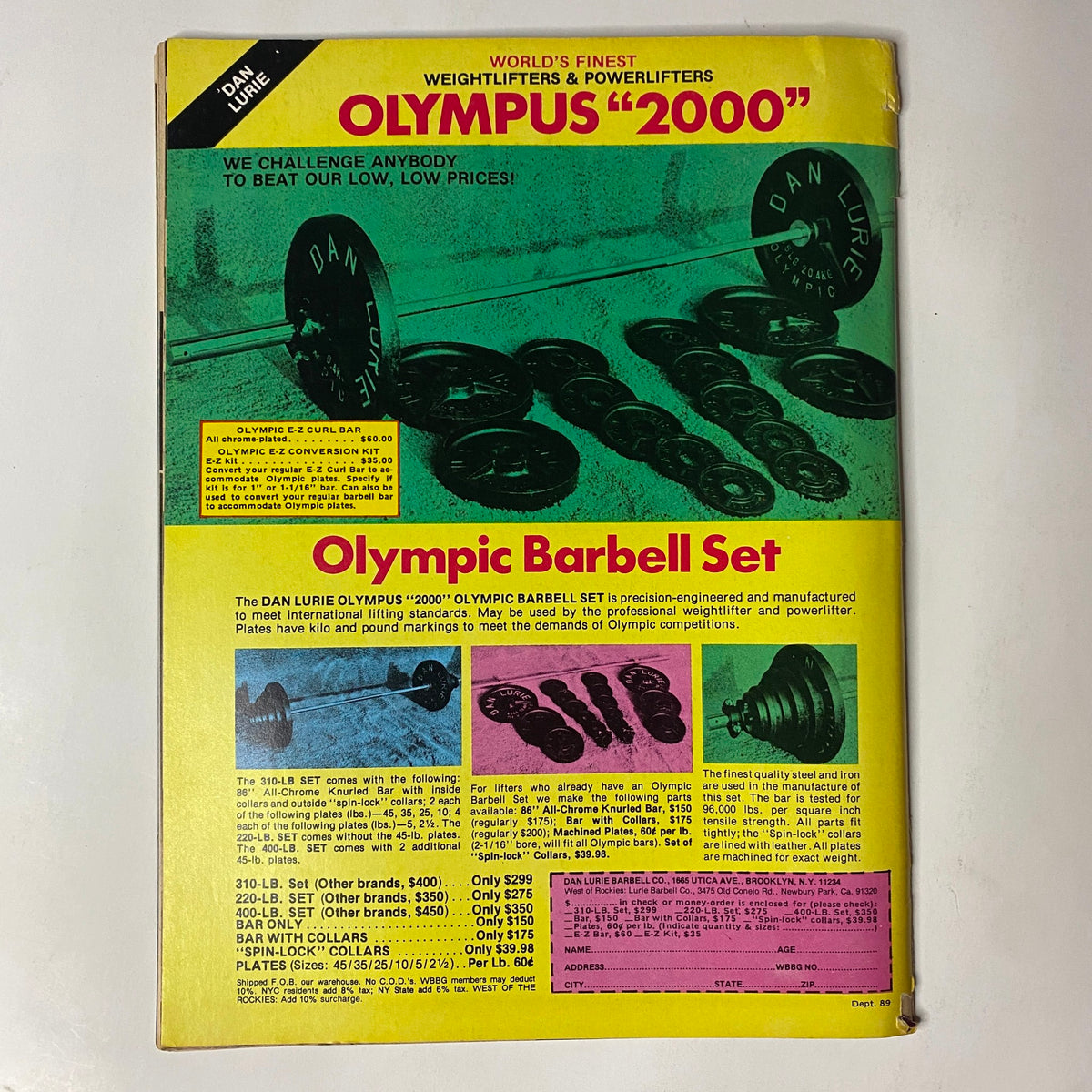 Back cover of Muscle Training Illustrated, January 1981 advertising the Olympus 2000 Olympic Barbell Set, a fitness product for weightlifters.