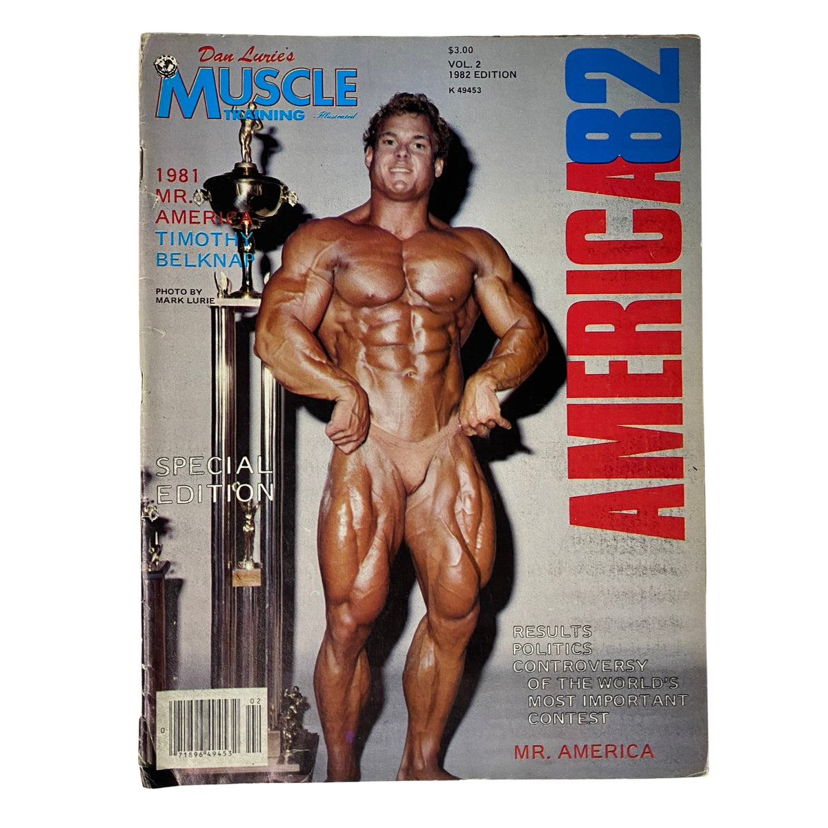 Cover of Muscle Training Illustrated 1982 Vol 2 featuring Timothy Belknap, Mr. America, showcasing his impressive physique and a trophy, highlighting bodybuilding achievements.