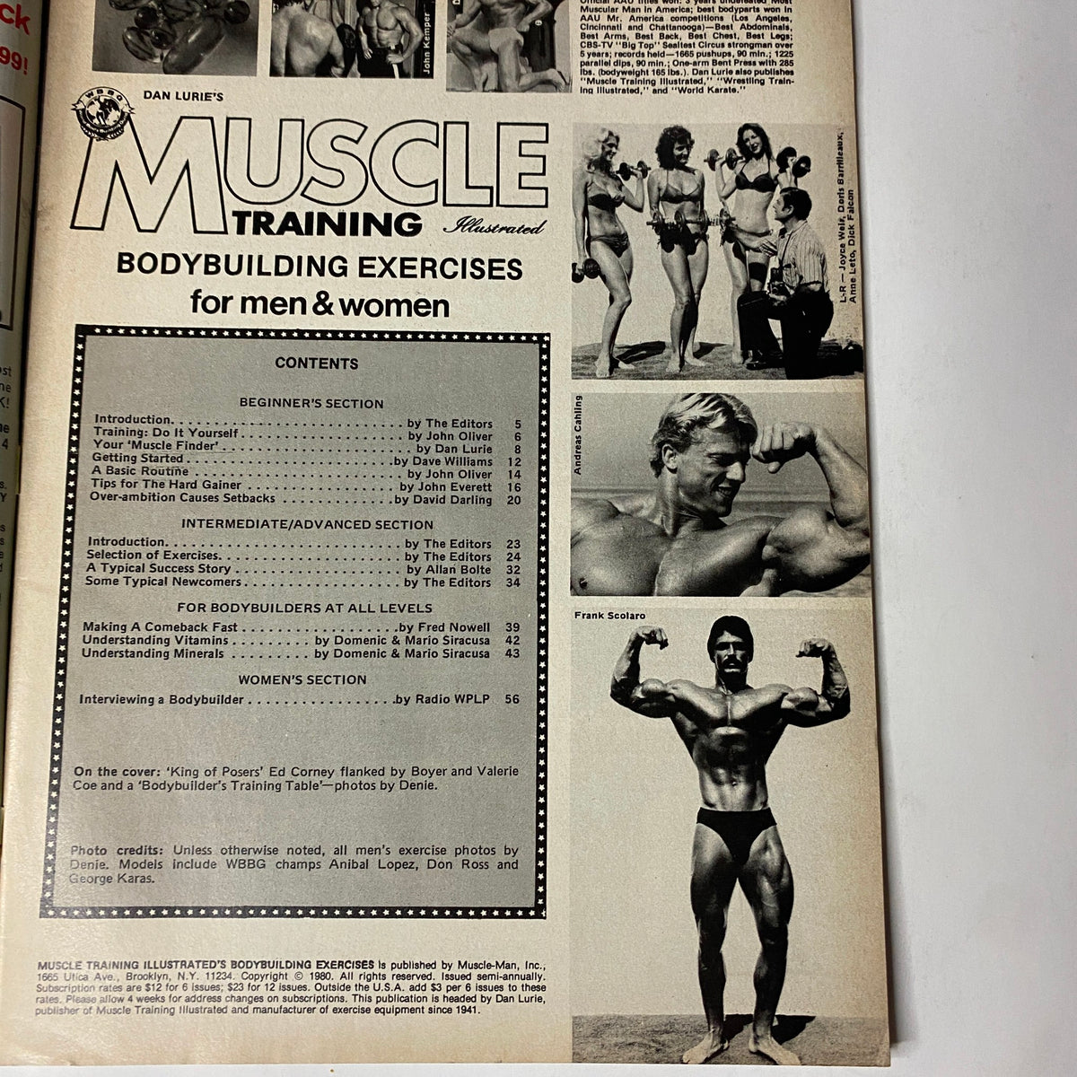 Interior page of Muscle Training Illustrated Spring 1981 displaying contents including training exercises for beginners to advanced athletes, featuring Ed Corney and Bodybuilder interview.