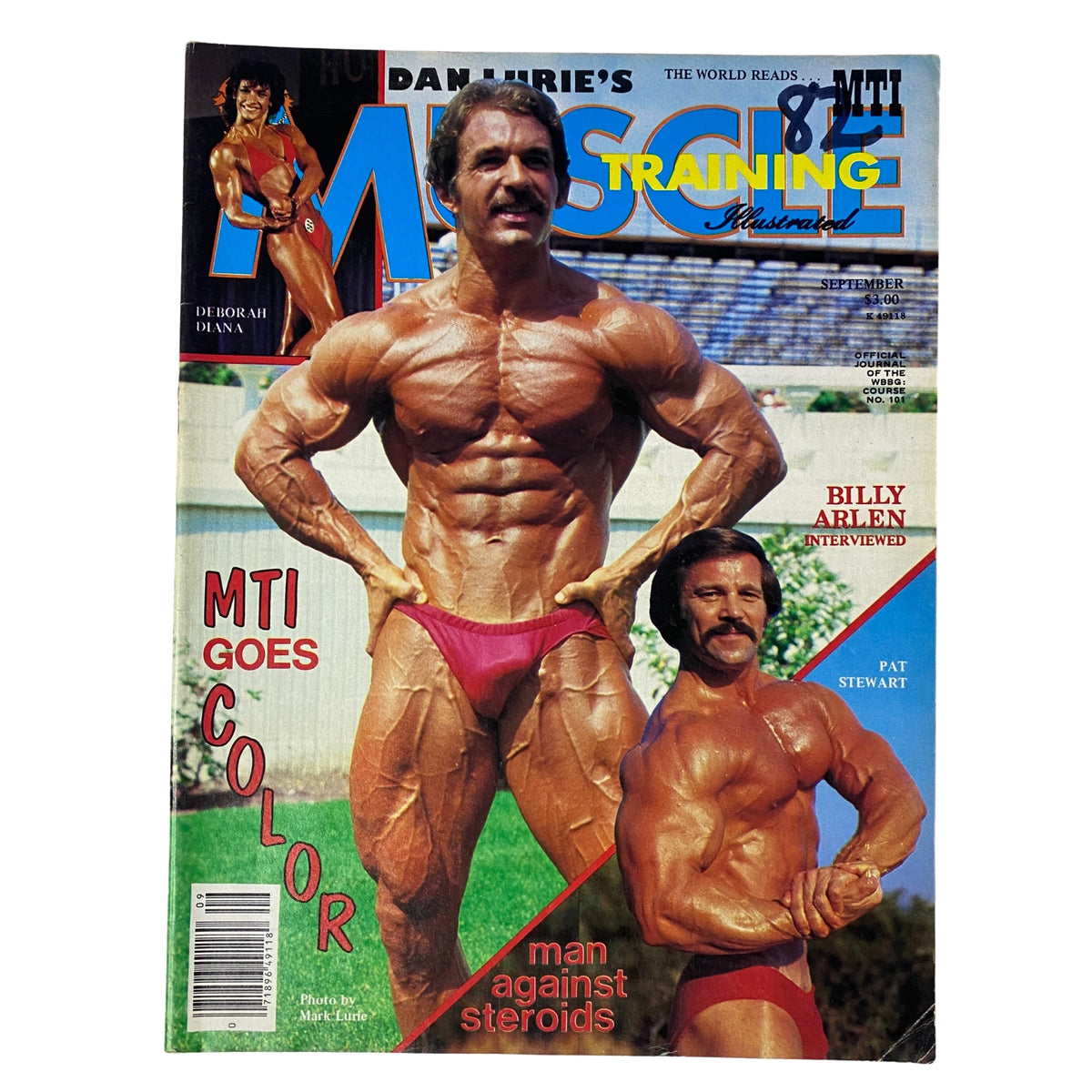 Cover of Muscle Training Illustrated September 1982 featuring Pat Stewart and Billy Arlen, highlighting bodybuilders with a focus on training and steroid discussions.