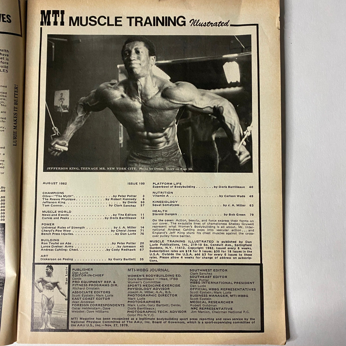Table of contents page from Muscle Training Illustrated August 1982, Issue No. 100, detailing articles on strength training, bodybuilding champions, and nutrition.