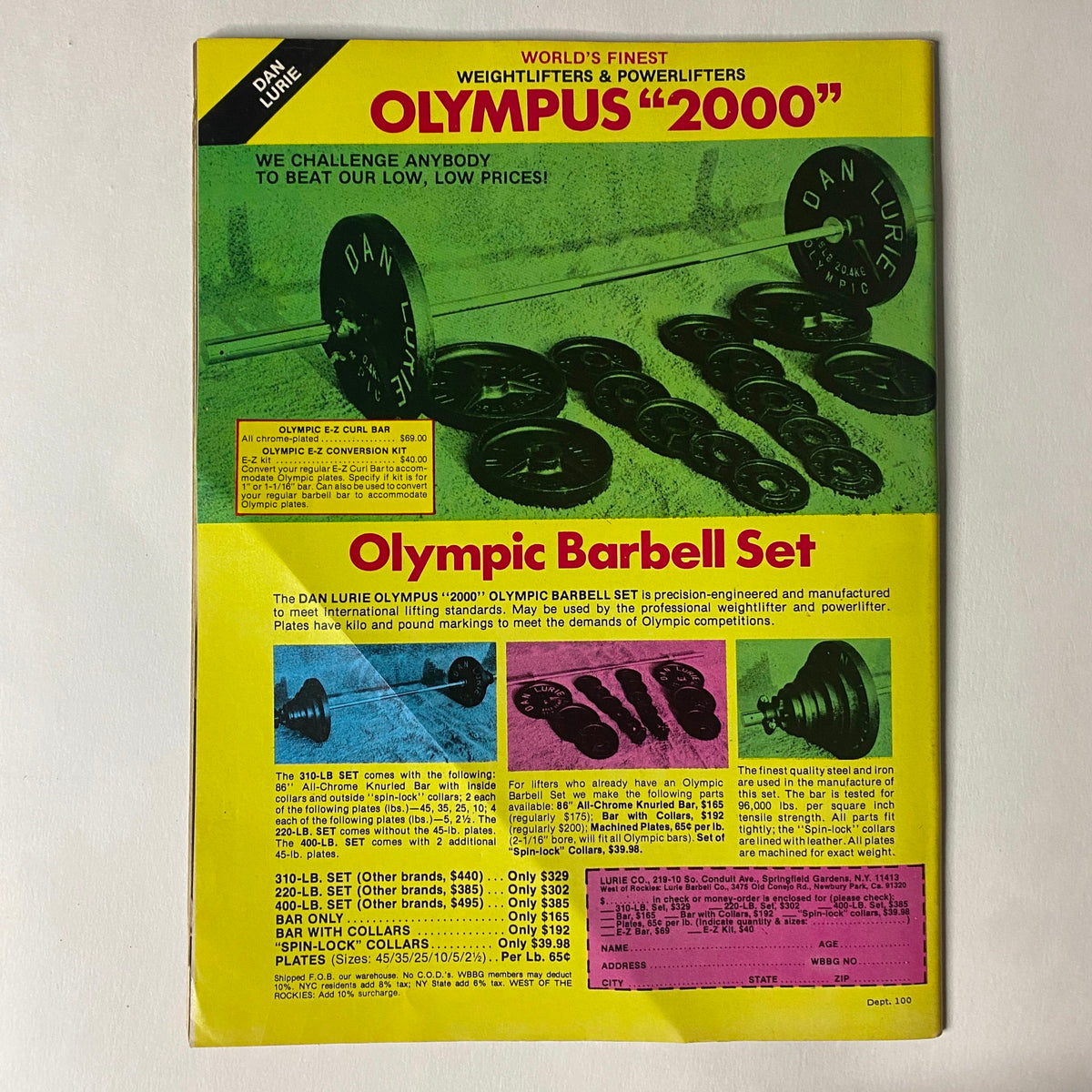 Muscle Training Illustrated August 1982 No. 100 advertisement for the Olympic Barbell Set, featuring colorful design and images of weightlifting equipment, promoting strength training solutions.