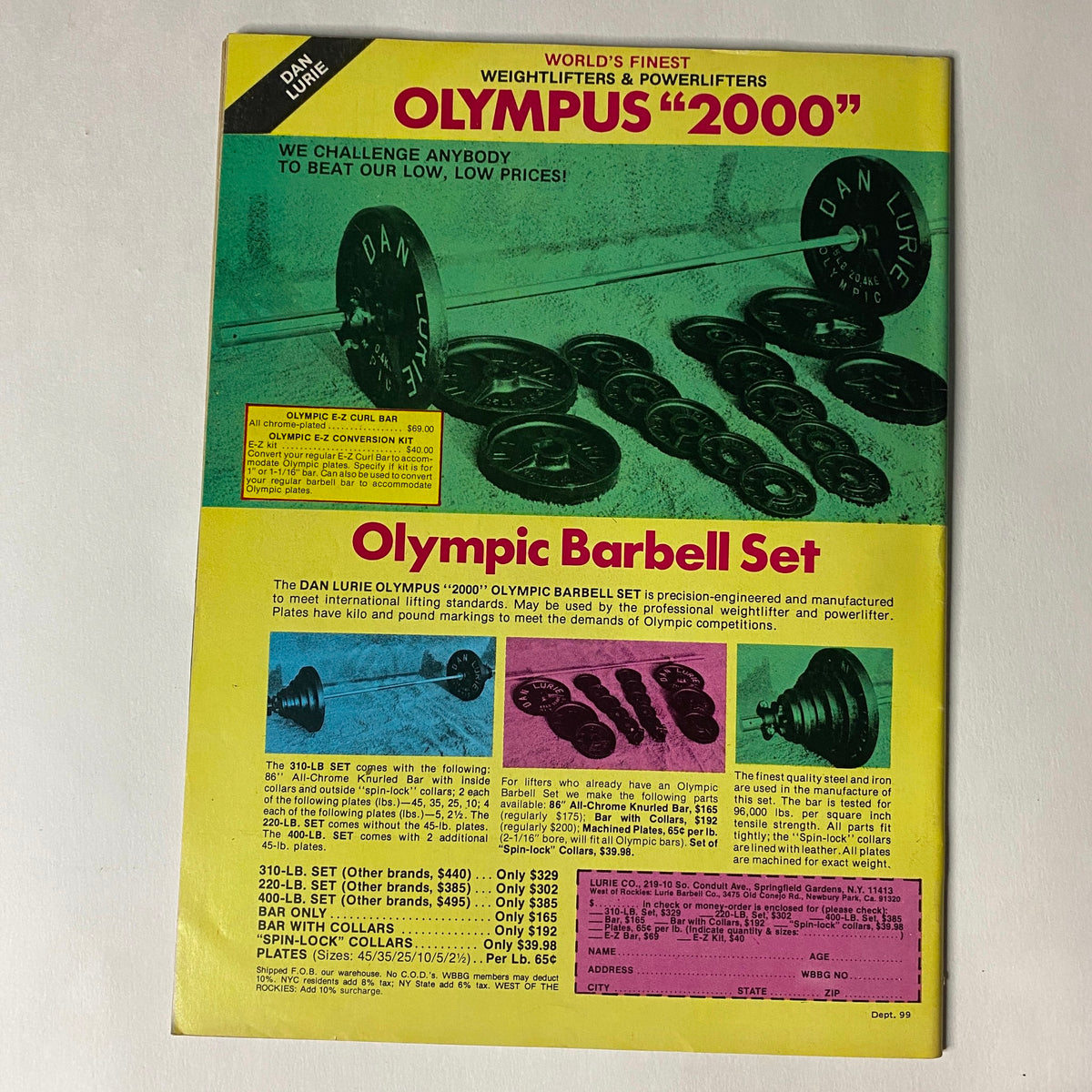 Olympic Barbell Set advertisement featuring the Dan Lurie Olympus '2000', highlighted for its quality and competitive pricing, part of the Muscle Training Illustrated June 1982 issue with Tim Belknap and Bill Register.