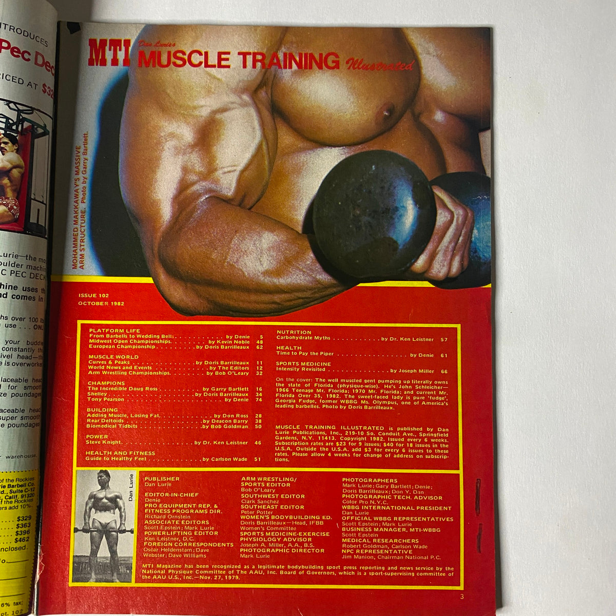 Inner page of Muscle Training Illustrated October 1982 Issue No. 102 highlighting muscular training routines with a focus on strength-building exercises.