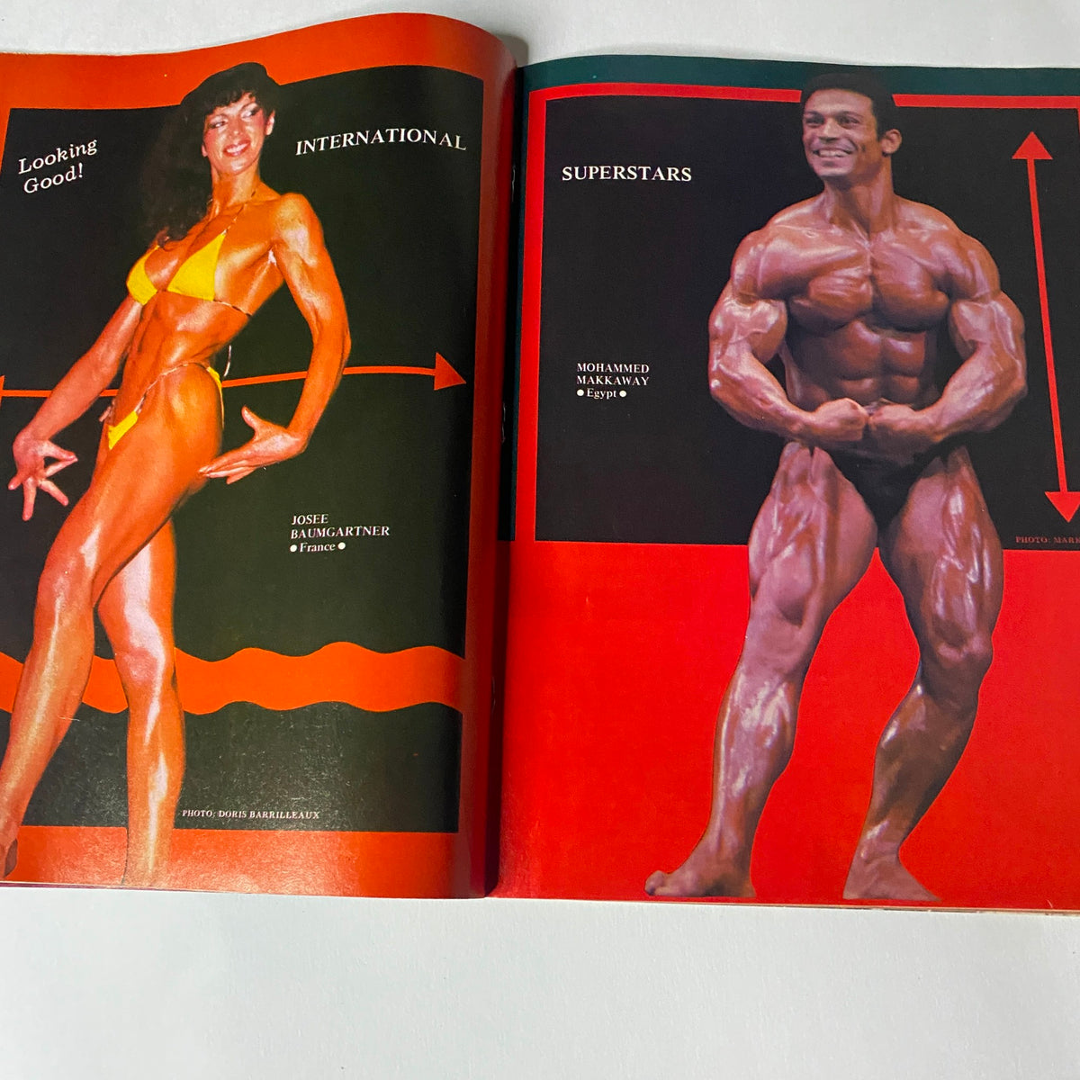 Spread from Muscle Training Illustrated October 1982 Issue No. 102 displaying competitive bodybuilders Jorge Baulgartner and Mohammed Al-Sakran showcasing their physiques.