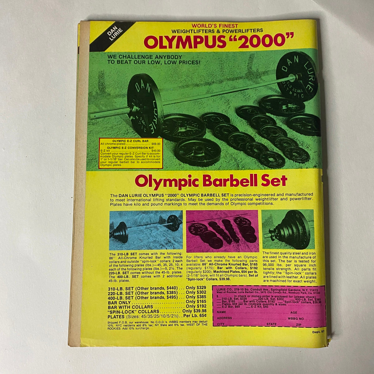 Back cover of Muscle Training Illustrated February 1982 No. 97 advertising the Dan Lurie Olympic Barbell Set and weights.