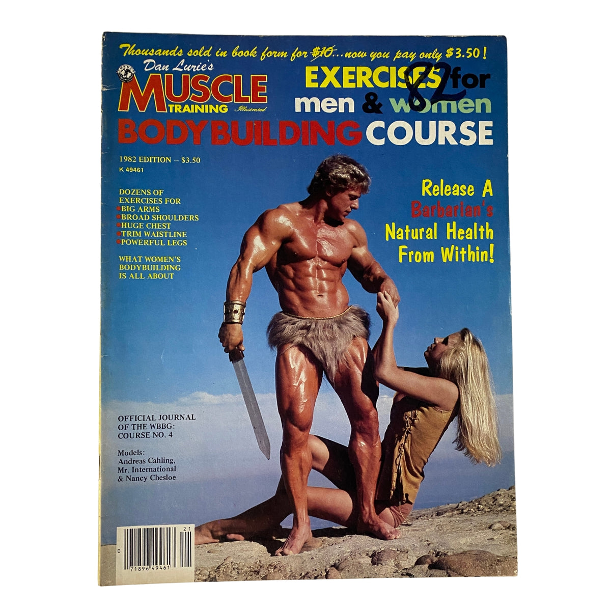 Cover of Muscle Training Illustrated 1982 featuring Andreas Cahling as Mr. International and Nancy Chesloe, showcasing bodybuilding aesthetics and strength with a focus on fitness workouts for men and women.