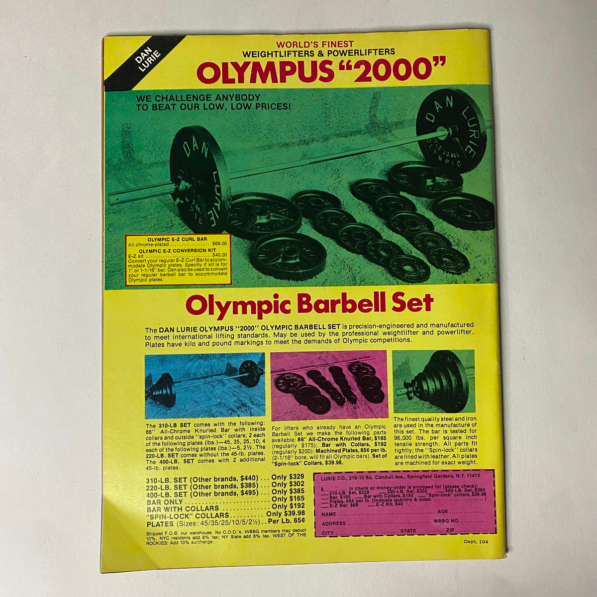 Image of the back cover of Muscle Training Illustrated, January 1983, No. 104 featuring an advertisement for the Dan Lurie Olympus 2000 Olympic Barbell Set. The vibrant design highlights weightlifting equipment, emphasizing affordability and quality for weightlifters.