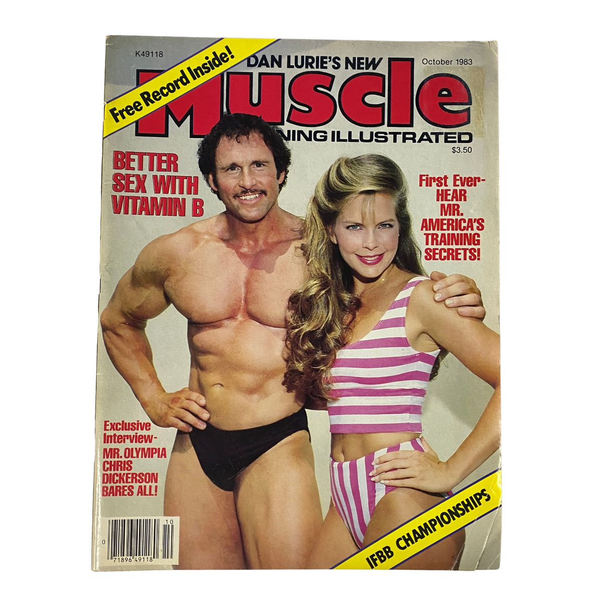 Cover of Muscle Training Illustrated October 1983 featuring bodybuilders Steve Michalik and Lori Birdsong, showcasing a vintage bodybuilding aesthetic with the tagline 'Better Sex with Vitamin B' and announcing 'First Ever Hear Mr. Olympia Chris Dickerson Barres All'.