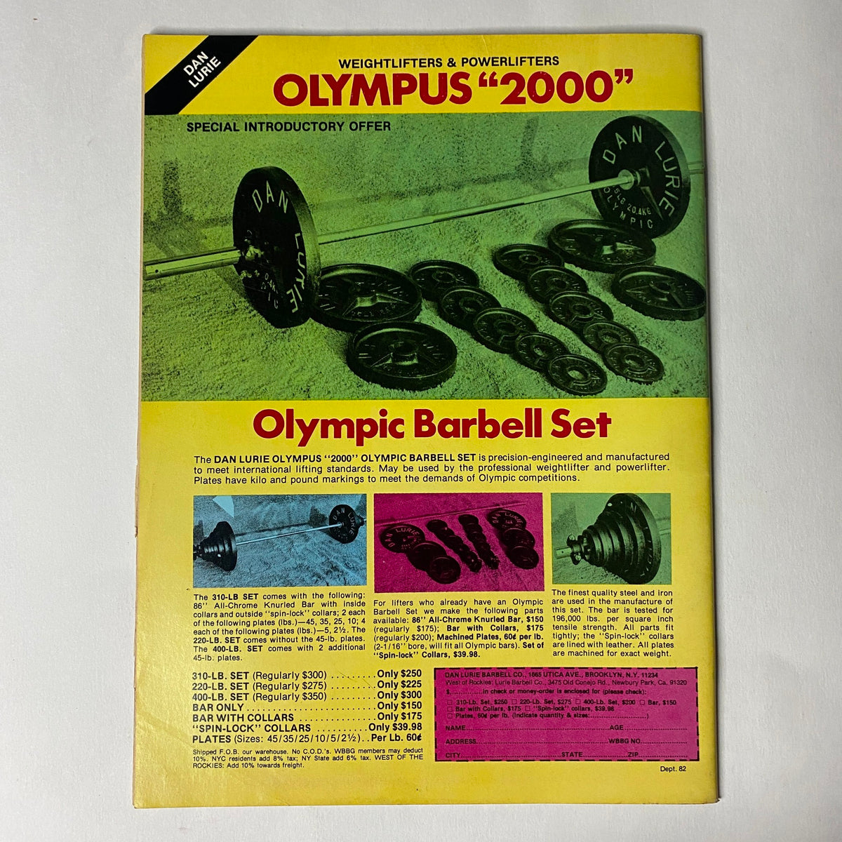 Back cover of Muscle Training Illustrated March 1980 advertising the Dan Lurie '2000' Olympic Barbell Set, featuring weights and barbell specifications.