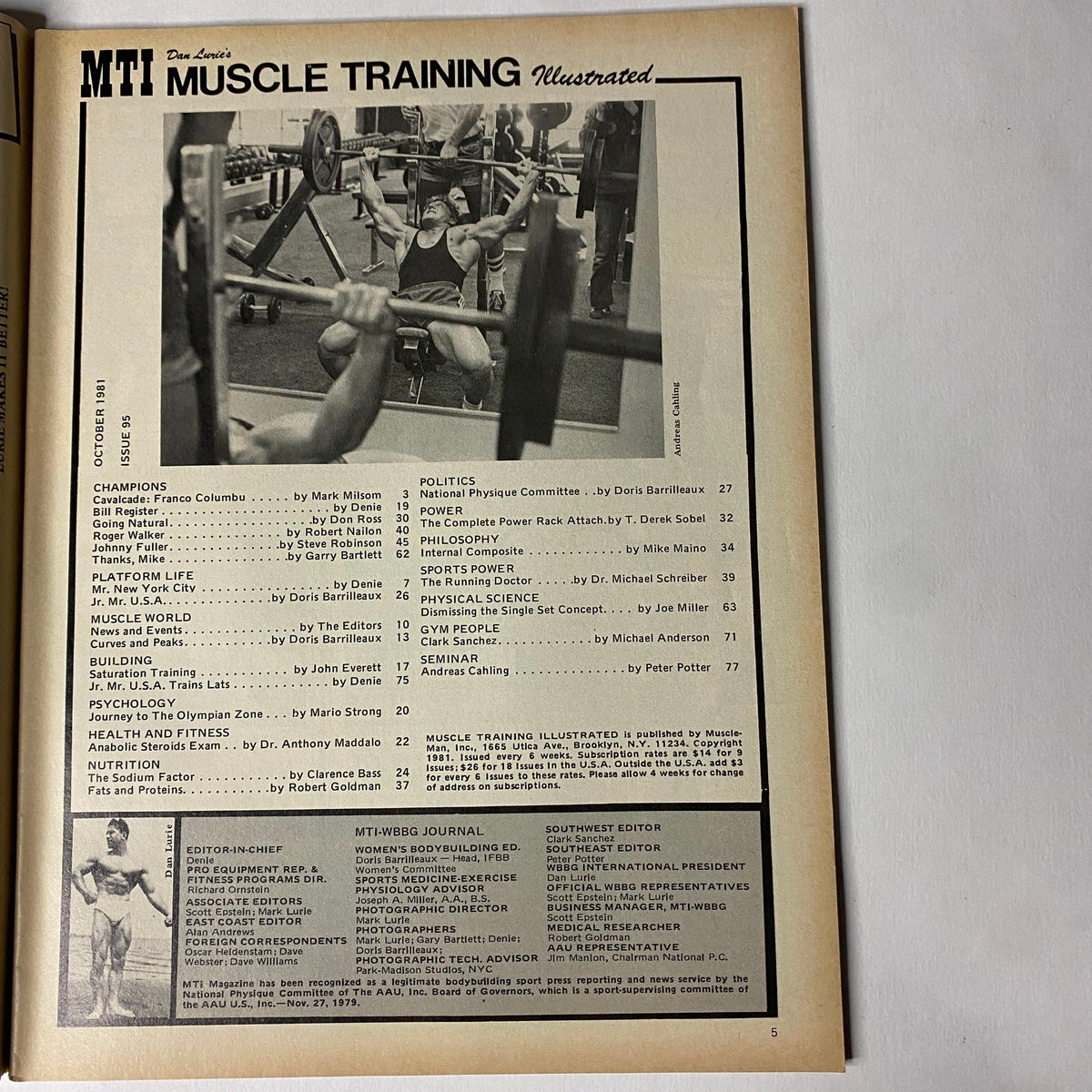 Muscle Training Illustrated October 1981, No. 95 table of contents page outlining features on bodybuilding champions, psychology, nutrition, politics, and gym training, emphasizing the magazine's diverse content.