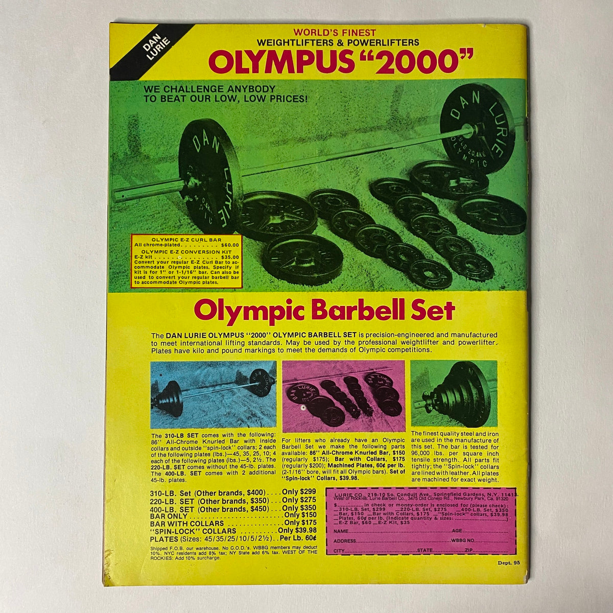 Olympus 2000 Olympic Barbell Set advertisement featuring weightlifting equipment. This image showcases the various components of the Olympic barbell set, highlighting weights and accessories, reflecting the strength training culture from the Muscle Training Illustrated, October 1981 issue No. 95 featuring Boyer Coe.